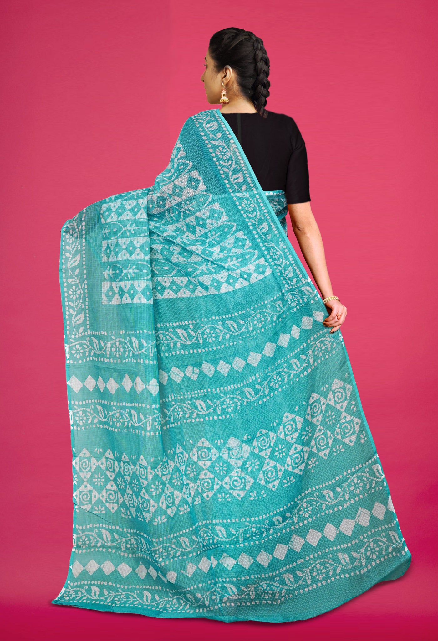 Turquoise Blue Pure Batik Block Printed Kota Saree-UNM80285