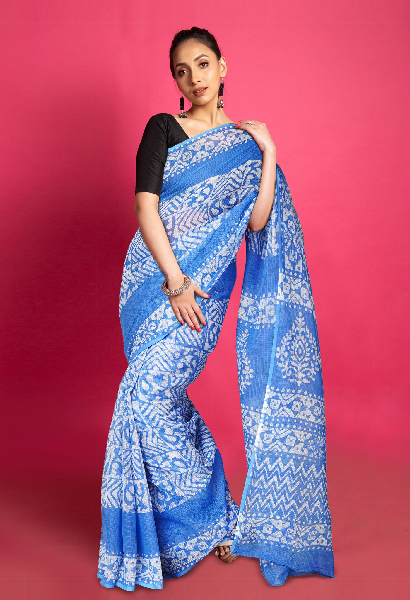 Blue Pure Batik Block Printed Kota Saree-UNM80287