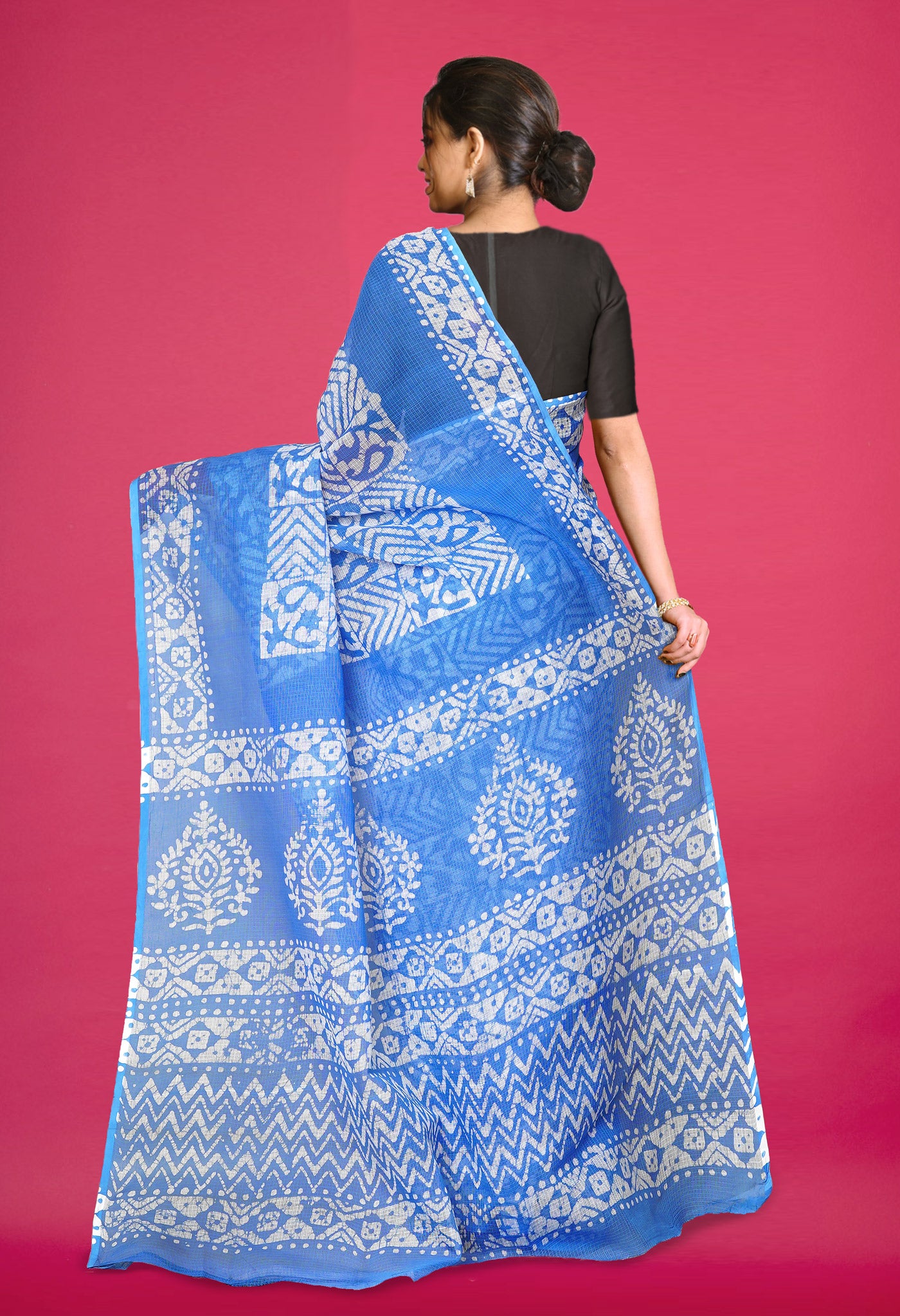 Blue Pure Batik Block Printed Kota Saree-UNM80287