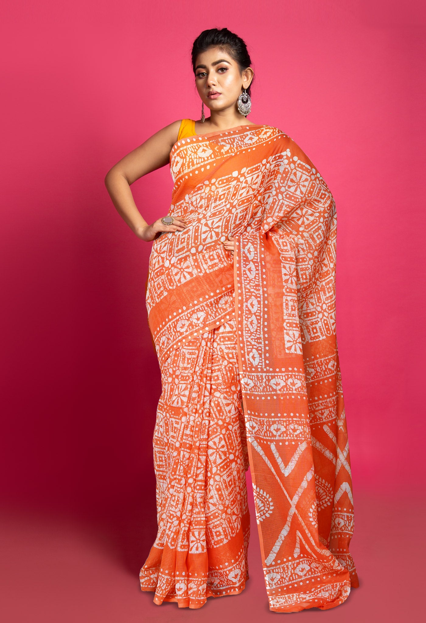 Peach Red Pure Batik Block Printed Kota Saree-UNM80288