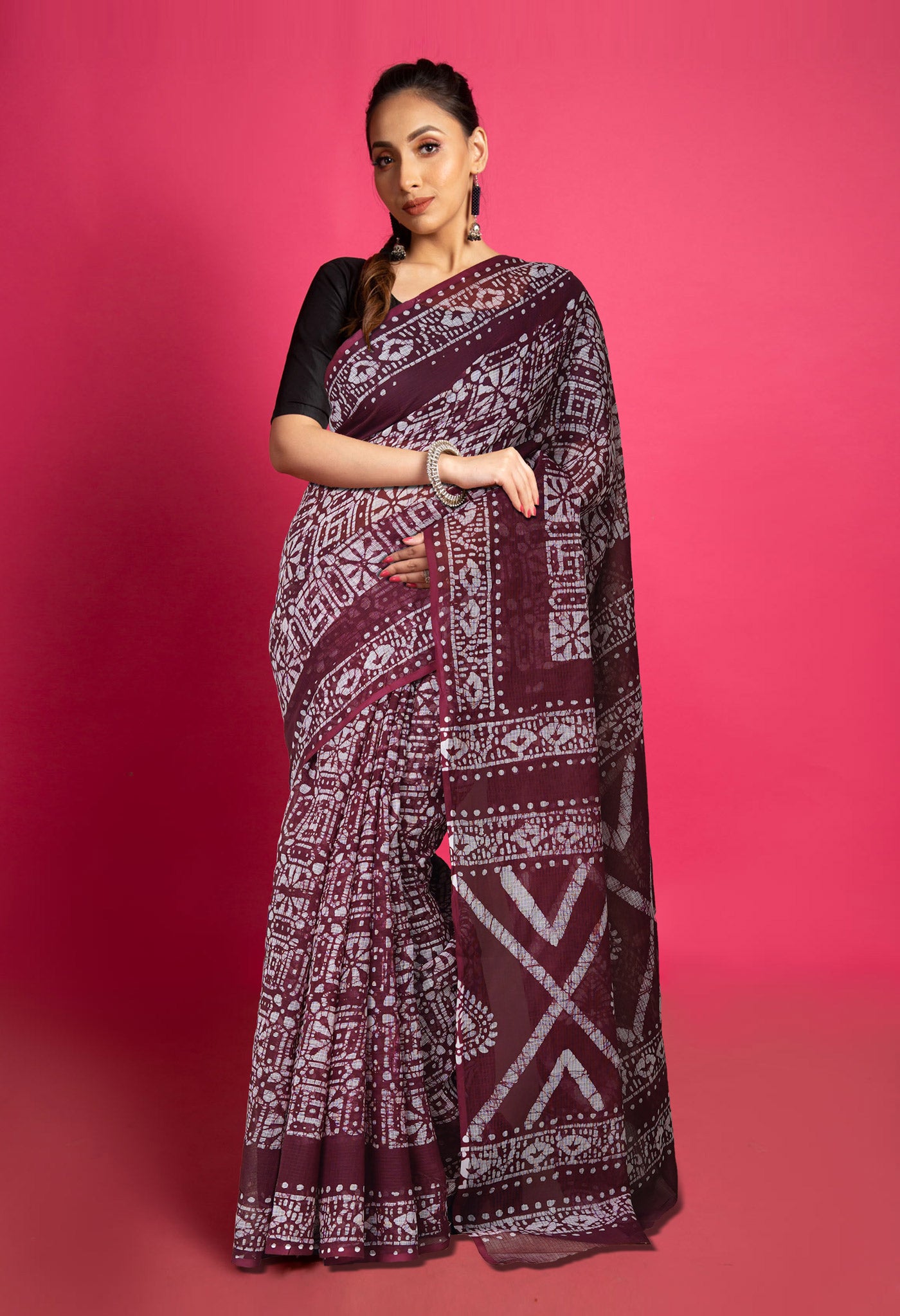 Dark Purple Pure Batik Block Printed Kota Saree-UNM80289