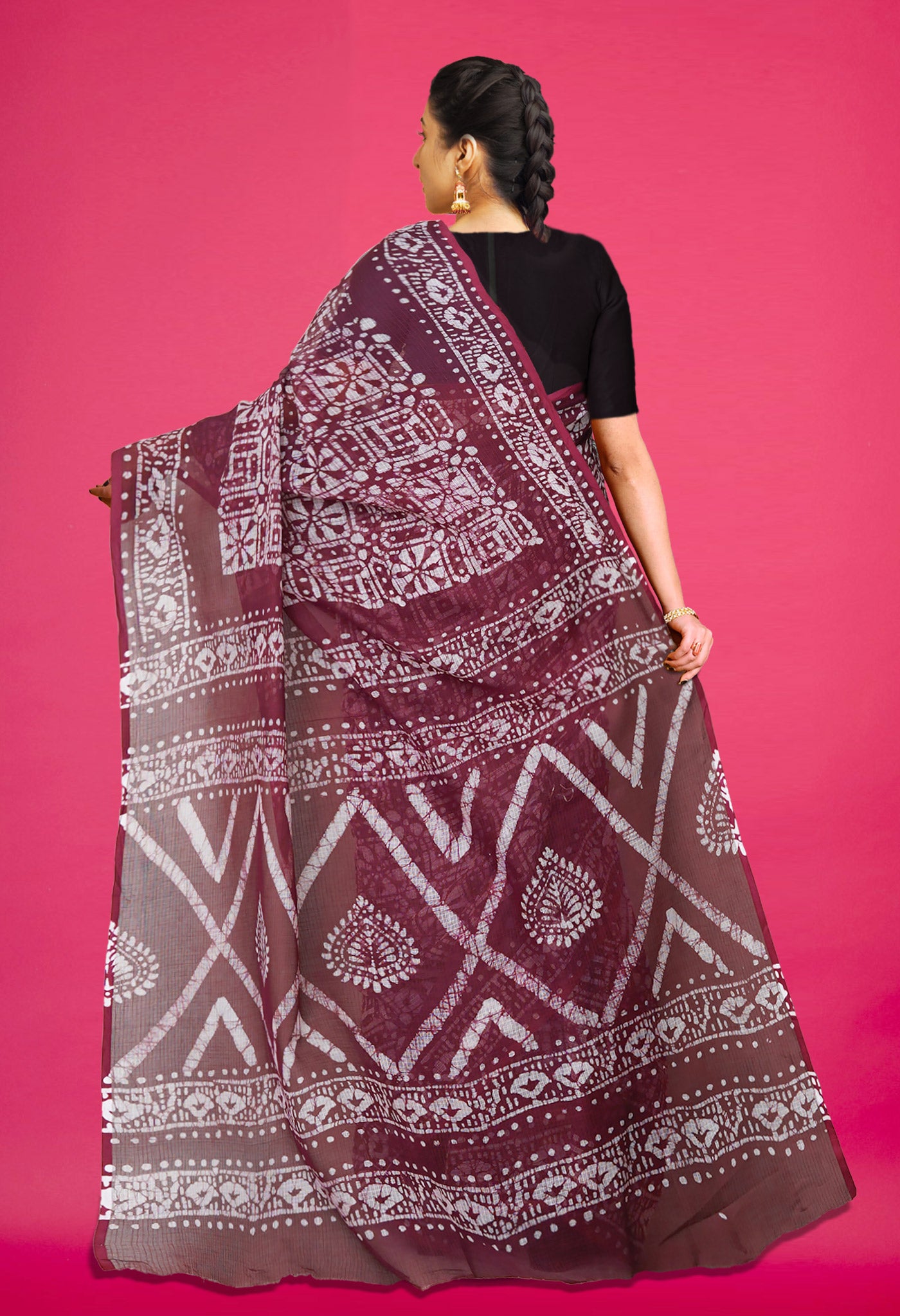 Dark Purple Pure Batik Block Printed Kota Saree-UNM80289