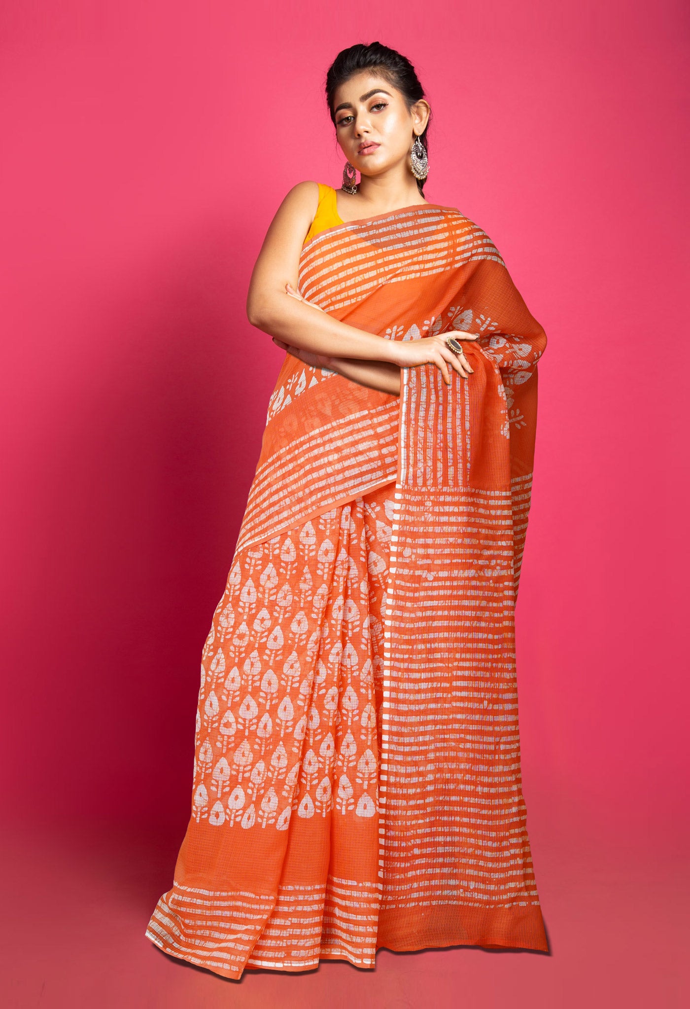 Peach Red Pure Batik Block Printed Kota Saree-UNM80291