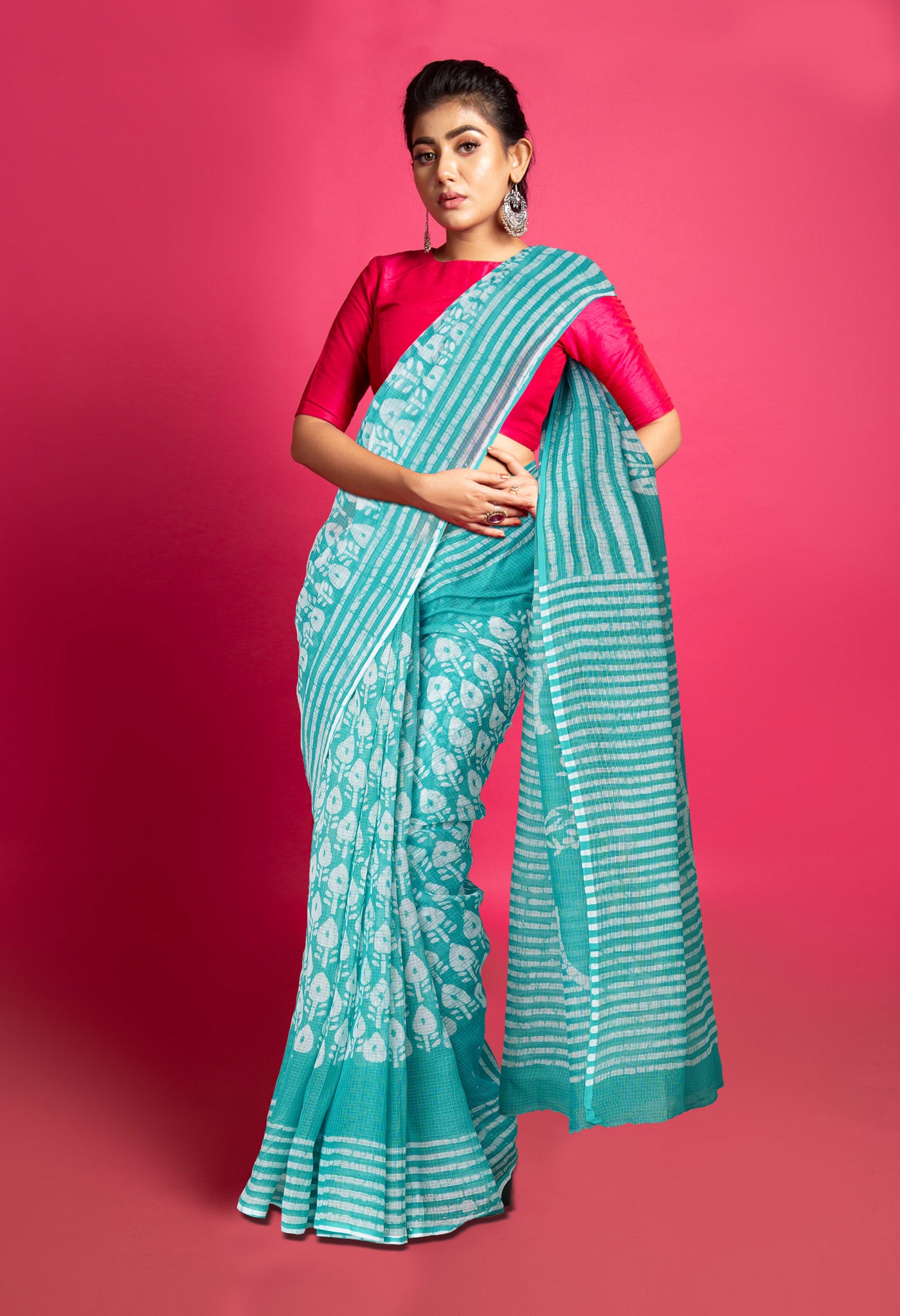 Turquoise Blue Pure Batik Block Printed Kota Saree-UNM80292