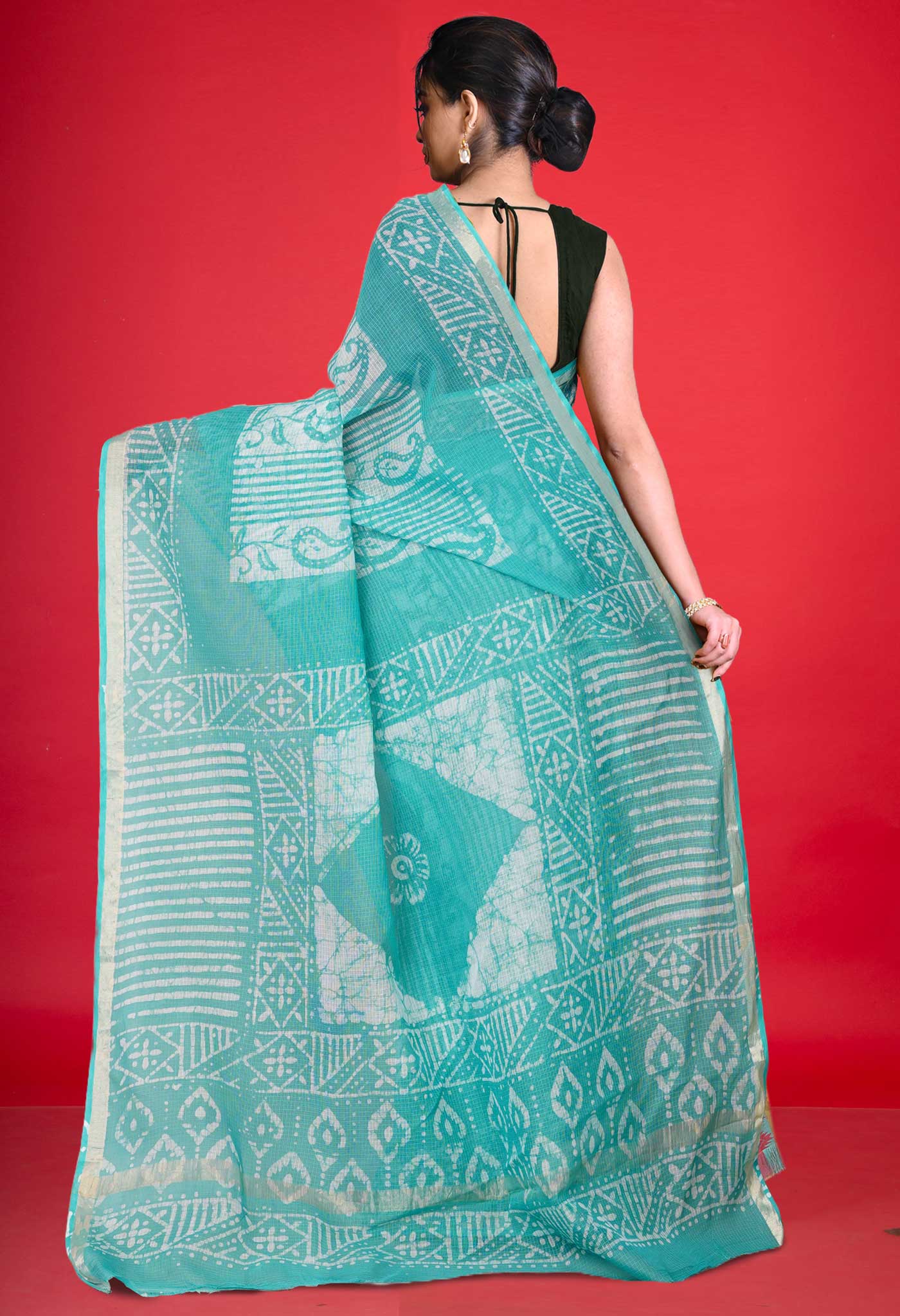 Turquoise Blue Pure Batik Block Printed Kota Saree-UNM80294