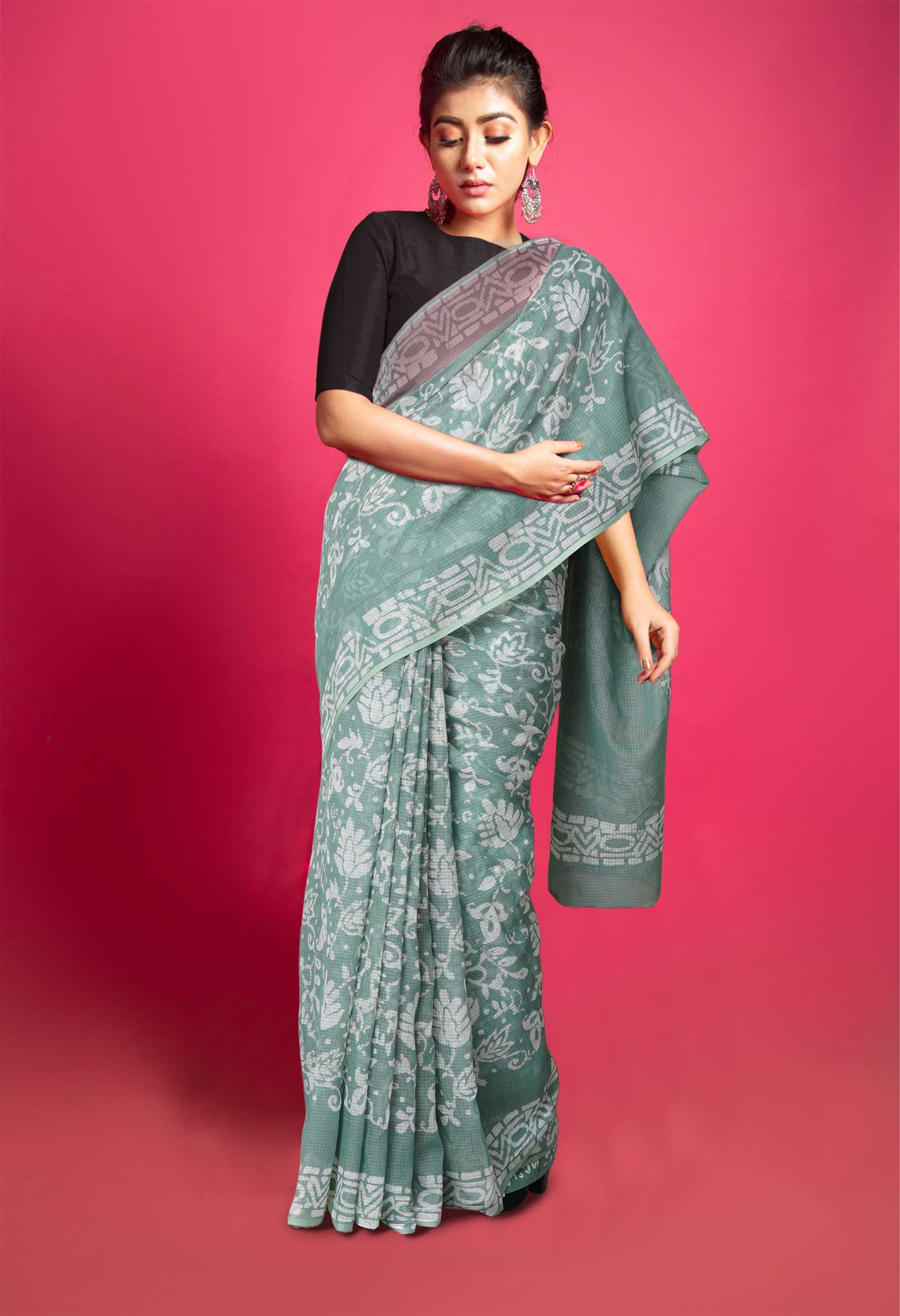 Pale Green Pure Batik Block Printed Kota Saree-UNM80295