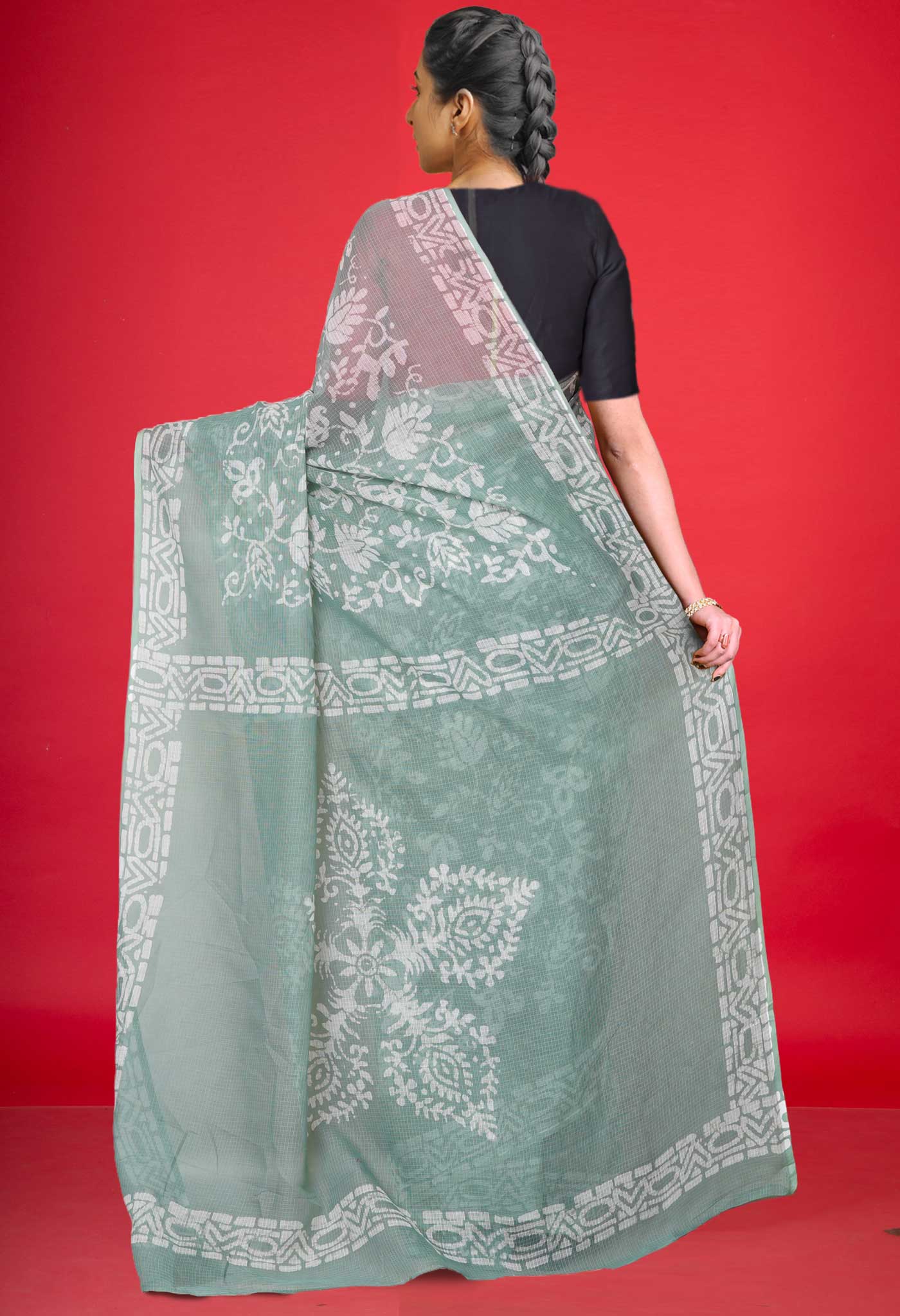 Pale Green Pure Batik Block Printed Kota Saree-UNM80295