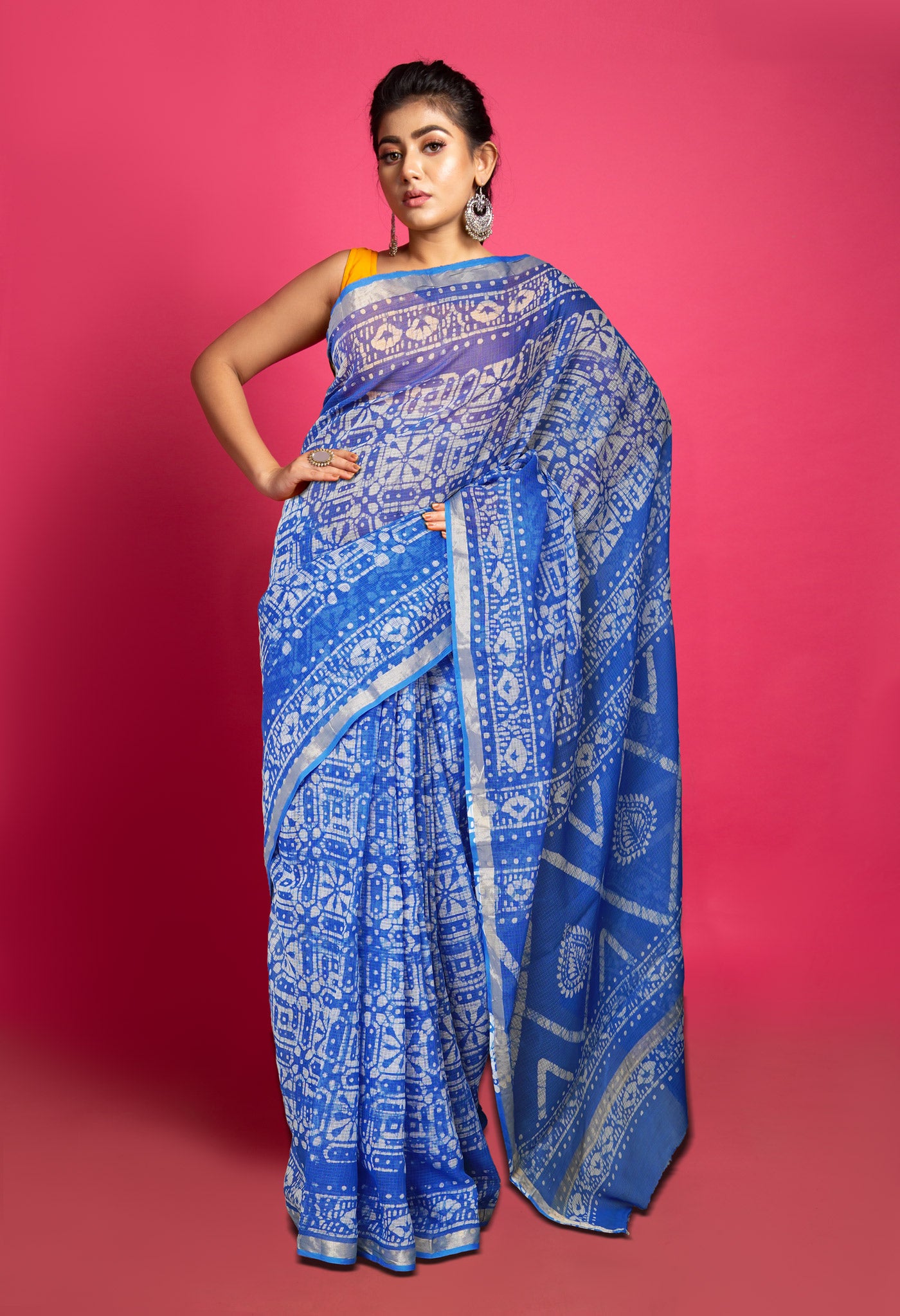 Blue Pure Batik Block Printed Kota Saree-UNM80296