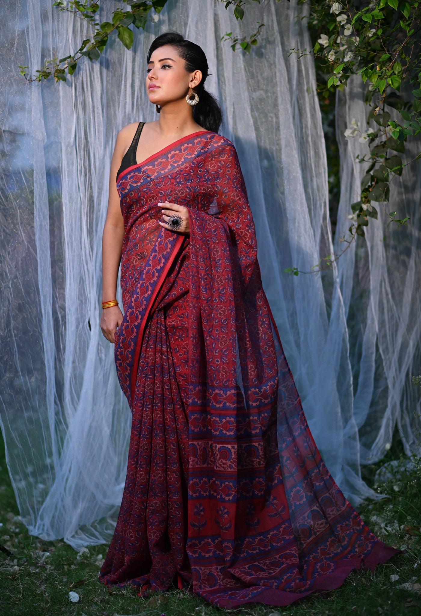 Red Pure Hand Block Printed Kota Saree-UNM80302