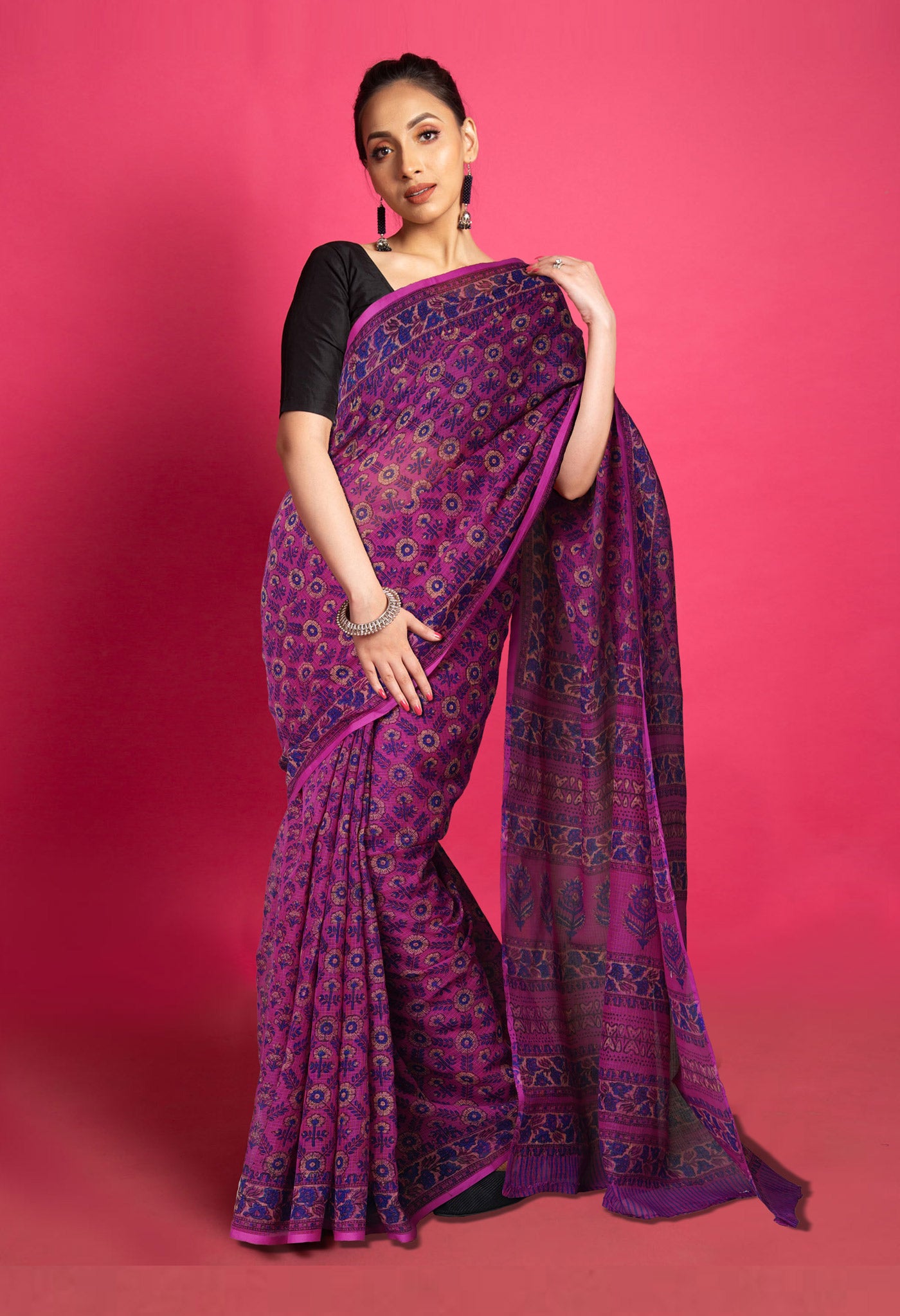 Purple Pure Hand Block Printed Kota Saree-UNM80304