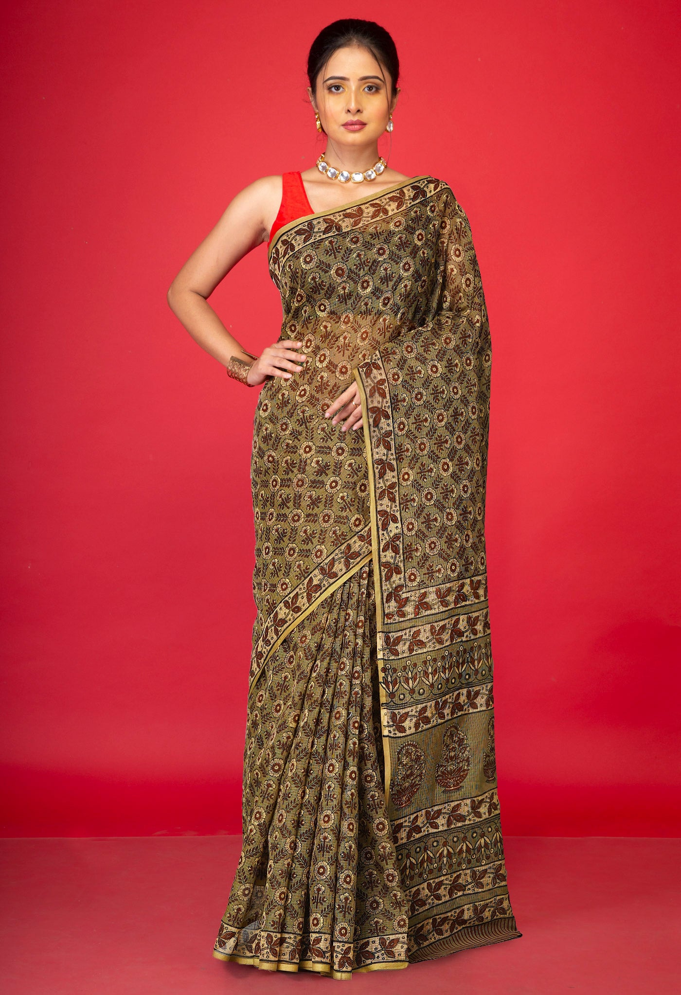 Olive Green Pure Hand Block Printed Kota Saree-UNM80306