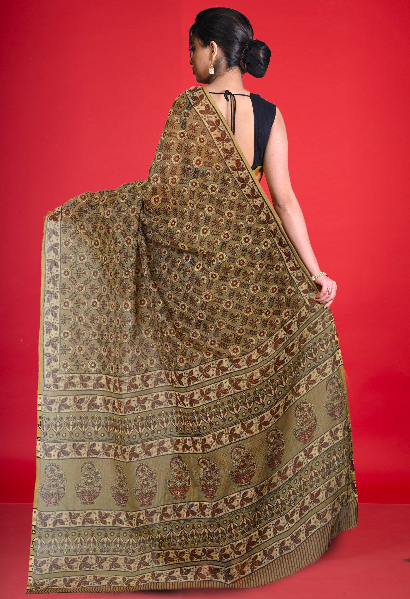 Olive Green Pure Hand Block Printed Kota Saree-UNM80306