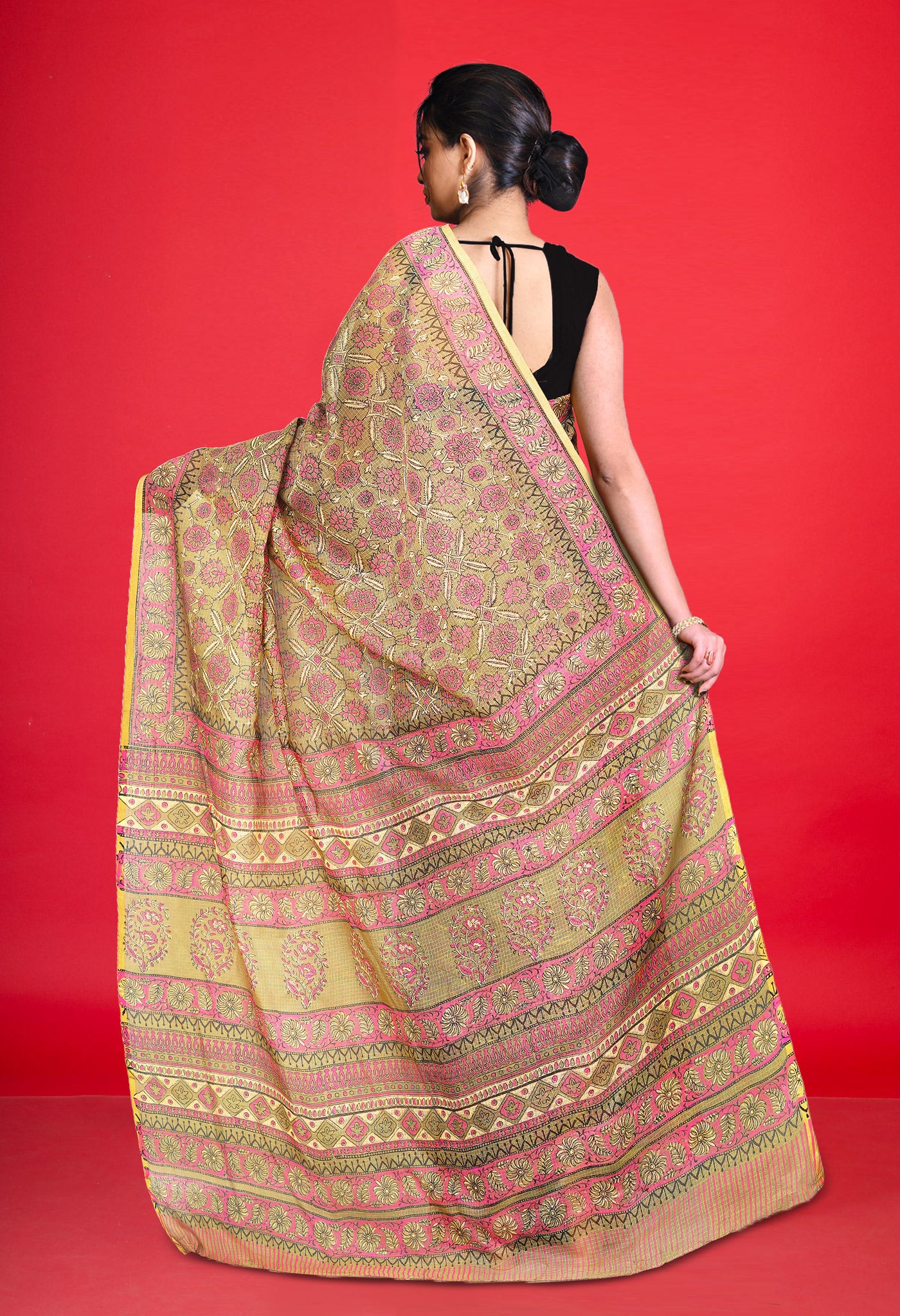 Olive Green Pure Hand Block Printed Kota Saree-UNM80309