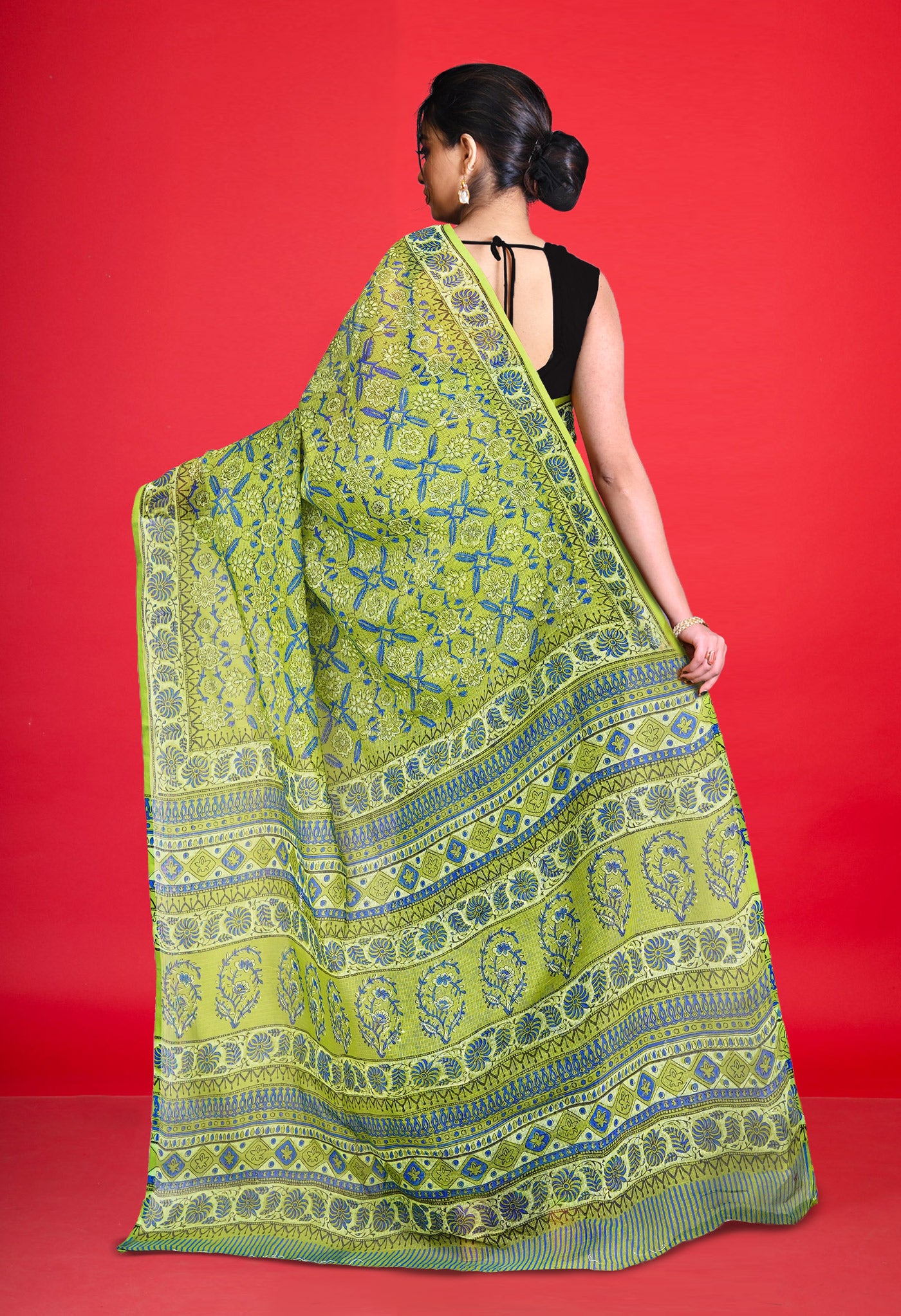 Green Pure Hand Block Printed Kota Saree-UNM80311