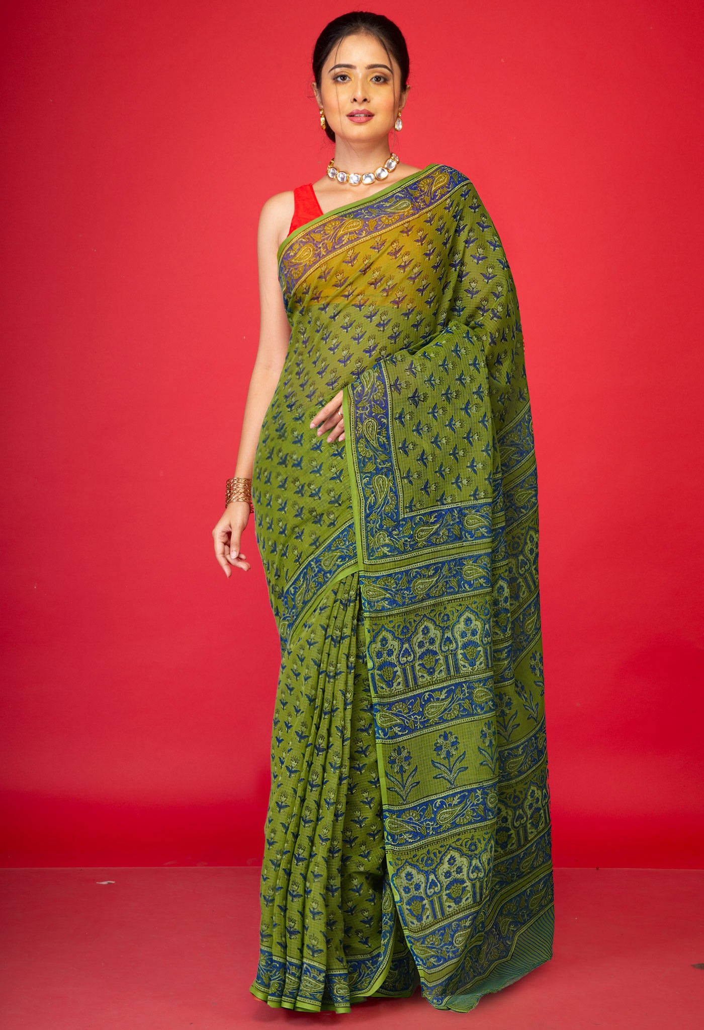 Green Pure Hand Block Printed Kota Saree-UNM80313