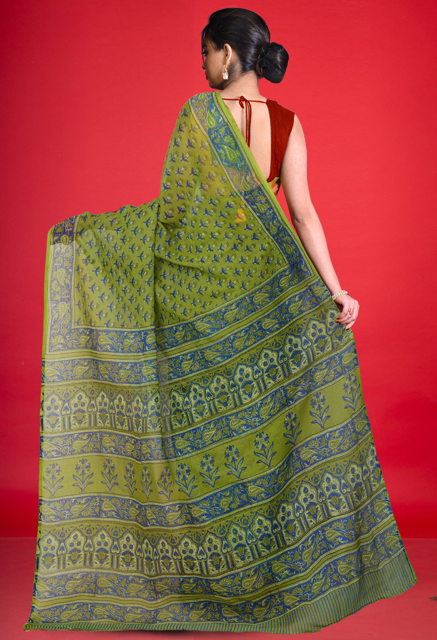 Green Pure Hand Block Printed Kota Saree-UNM80313