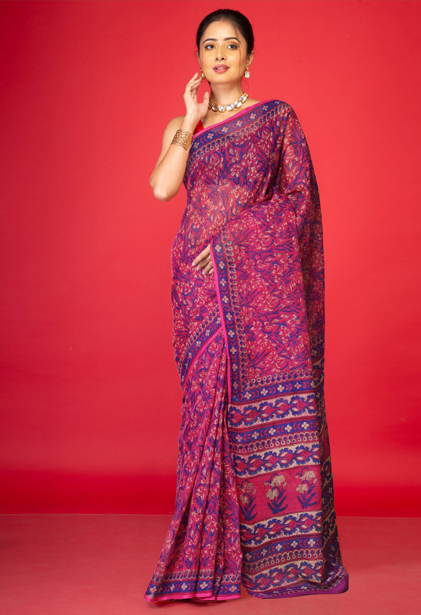 Pink Pure Hand Block Printed Kota Saree-UNM80315