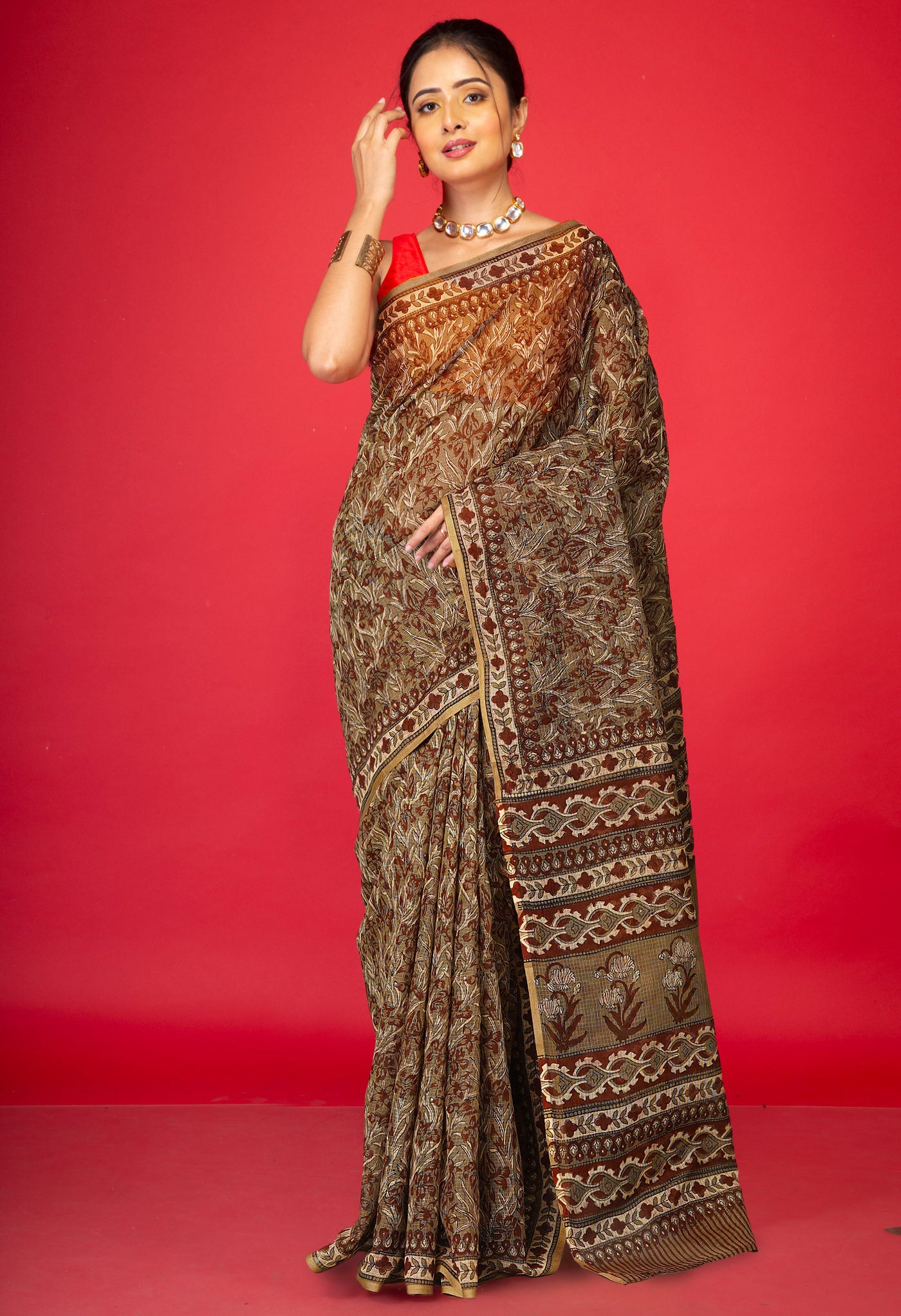 Olive Green Pure Hand Block Printed Kota Saree-UNM80316