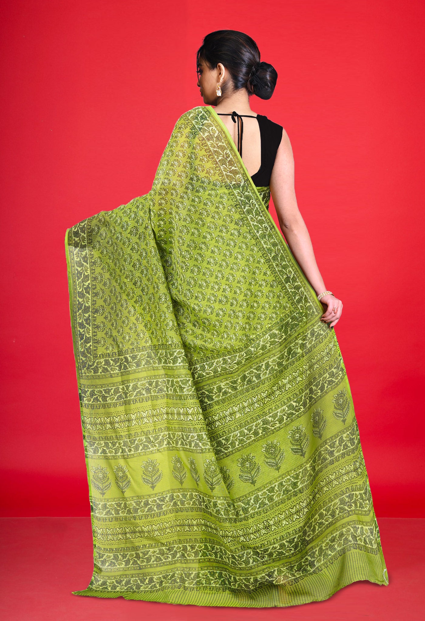 Green Pure Hand Block Printed Kota Saree-UNM80318