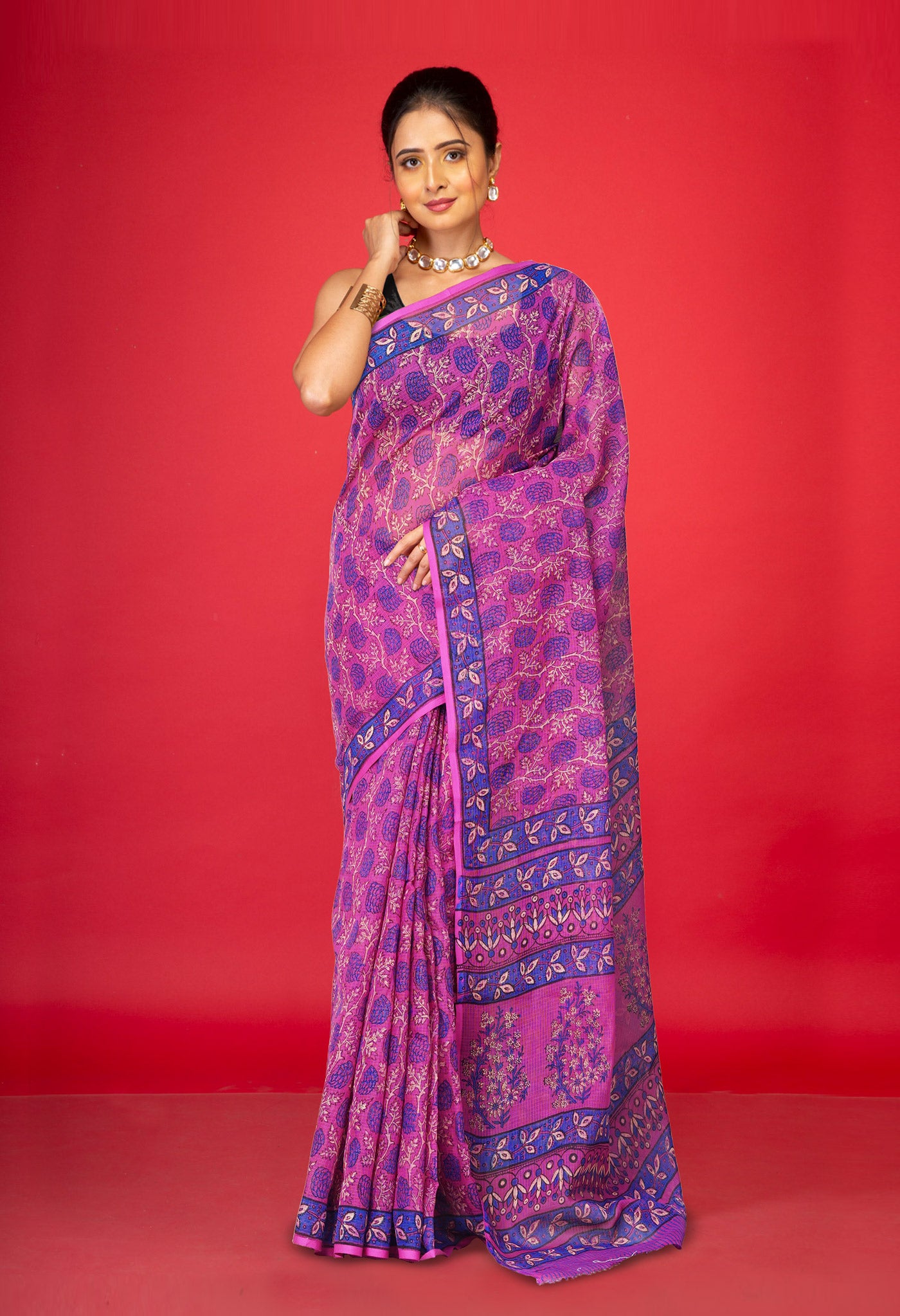 Purple Pure Hand Block Printed Kota Saree-UNM80319