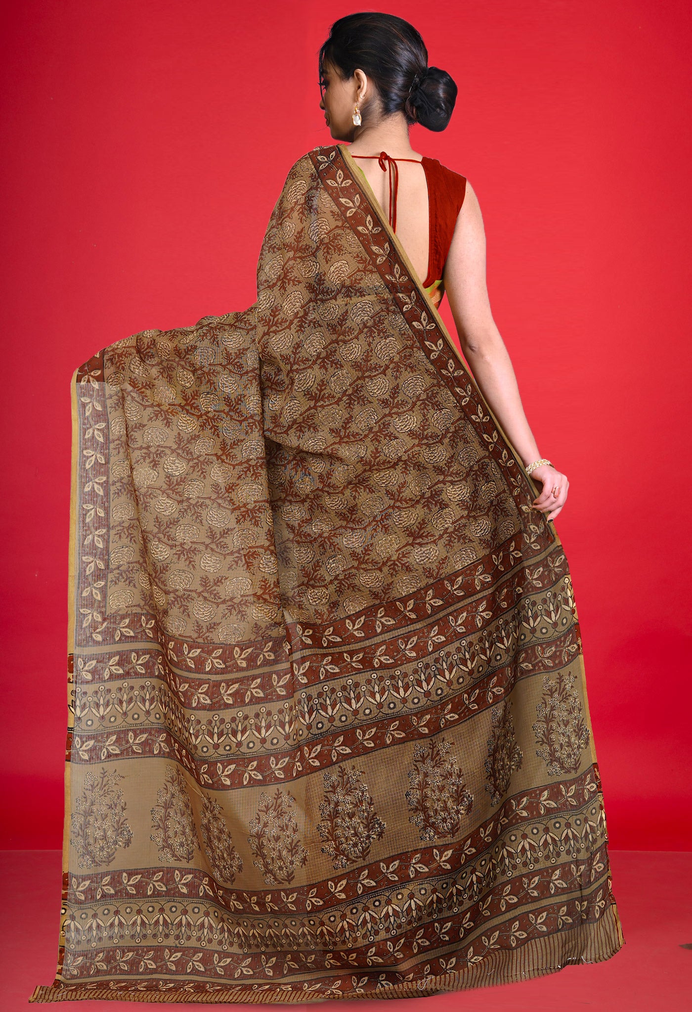 Olive Green Pure Hand Block Printed Kota Saree-UNM80320