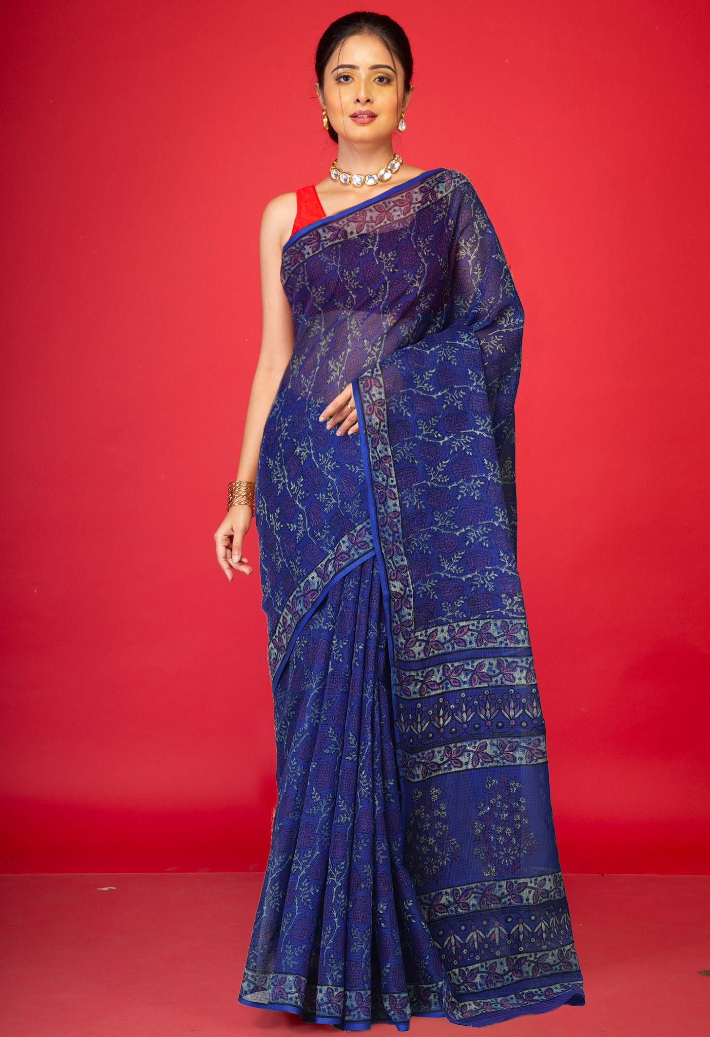 Blue Pure Hand Block Printed Kota Saree-UNM80321