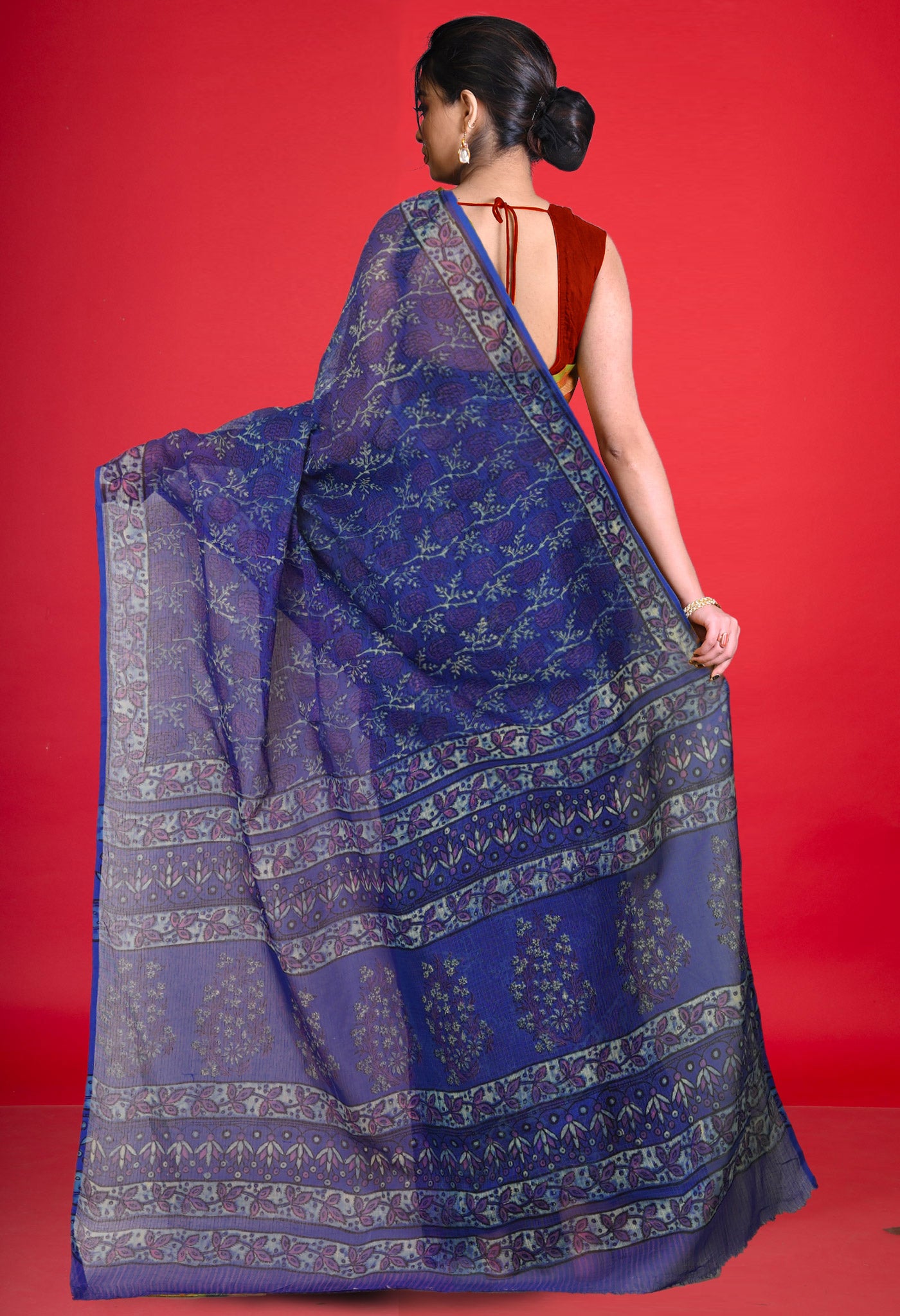 Blue Pure Hand Block Printed Kota Saree-UNM80321