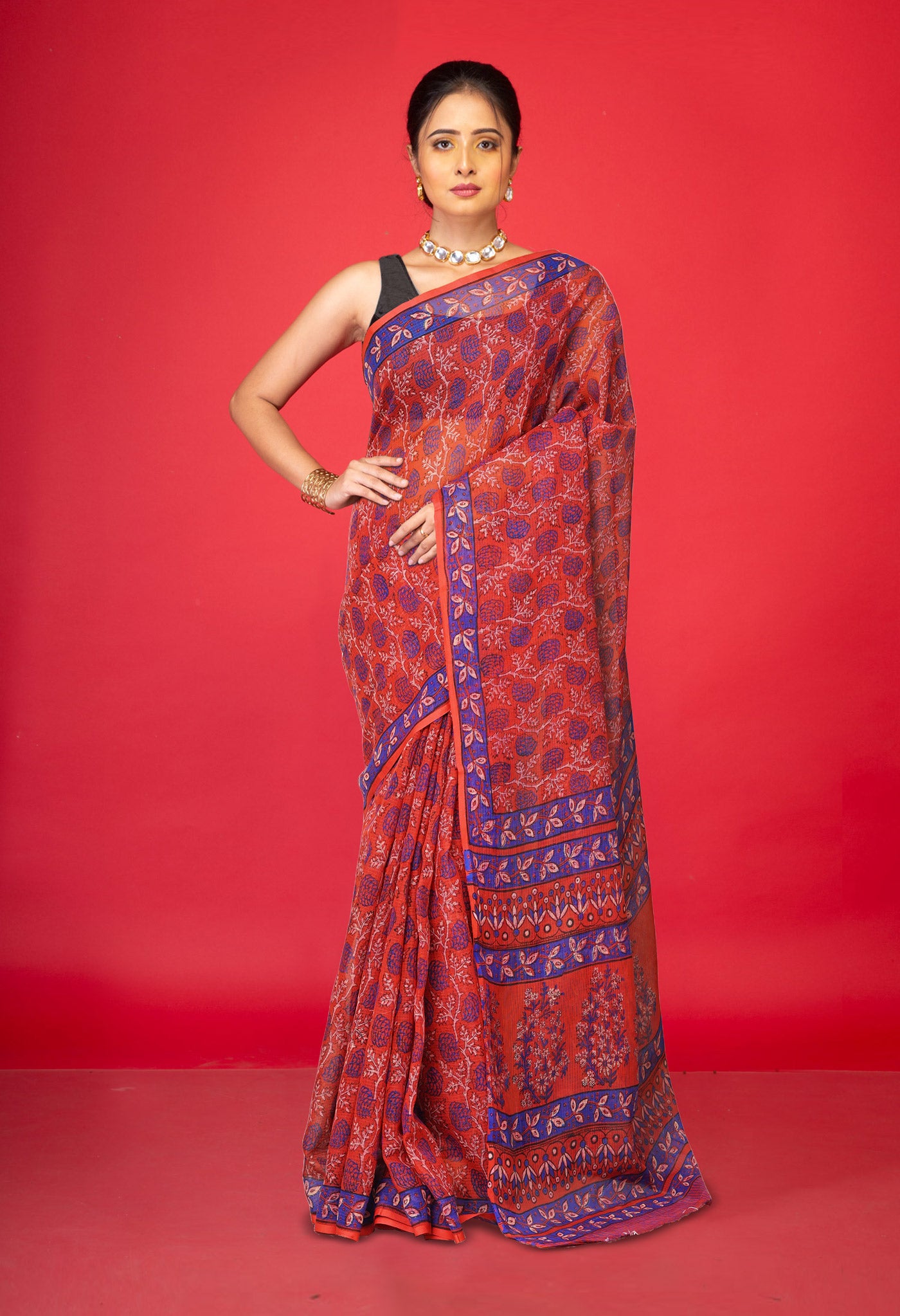 Red Pure Hand Block Printed Kota Saree-UNM80322