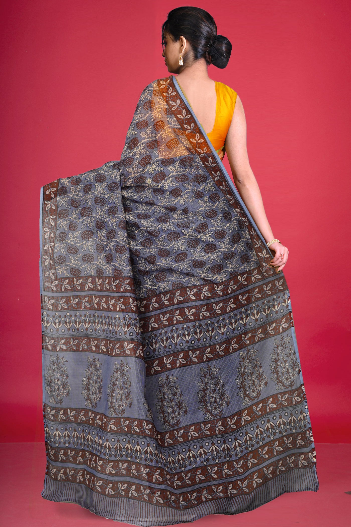 Grey Pure Hand Block Printed Kota Saree-UNM80323