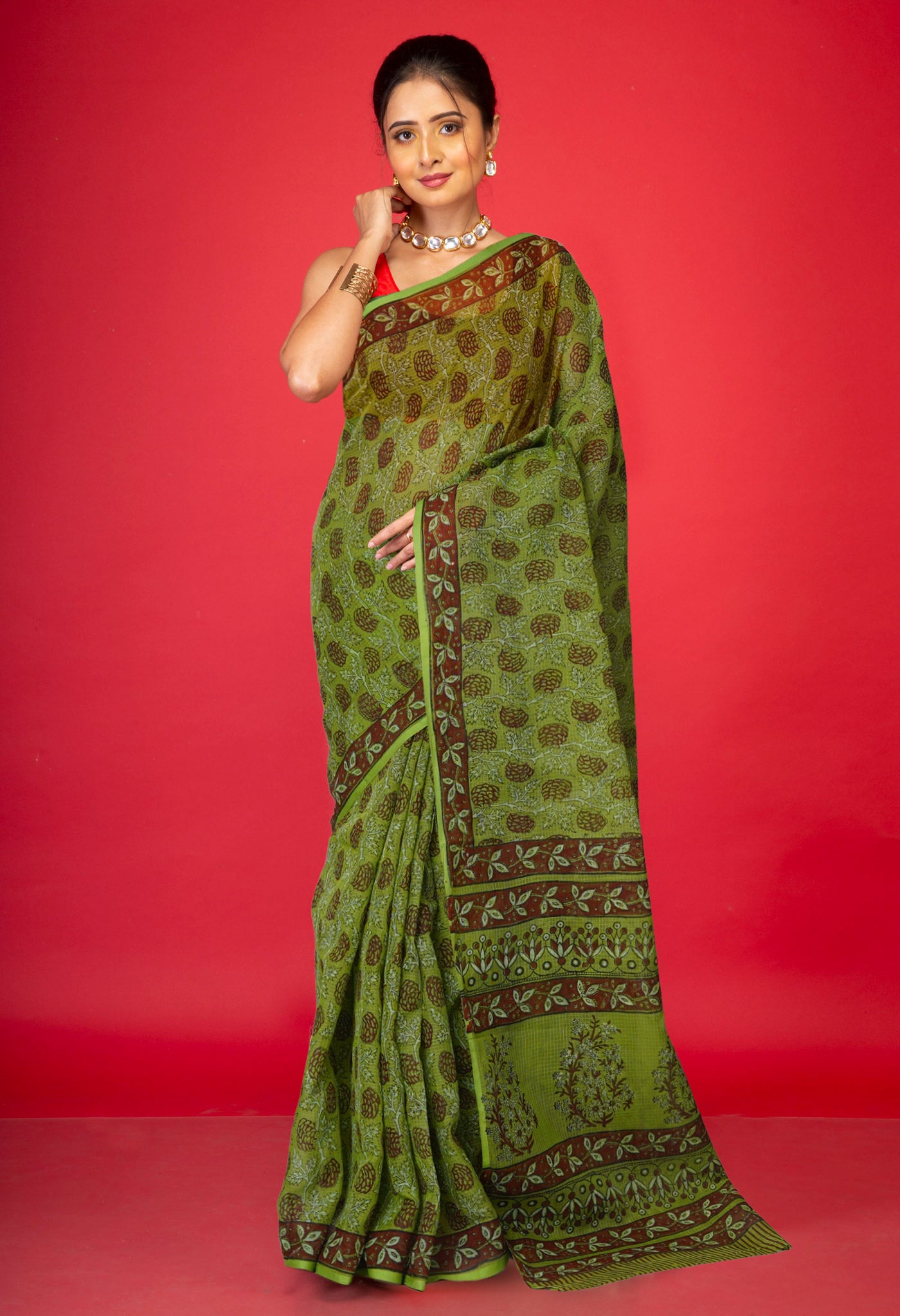 Green Pure Hand Block Printed Kota Saree-UNM80324