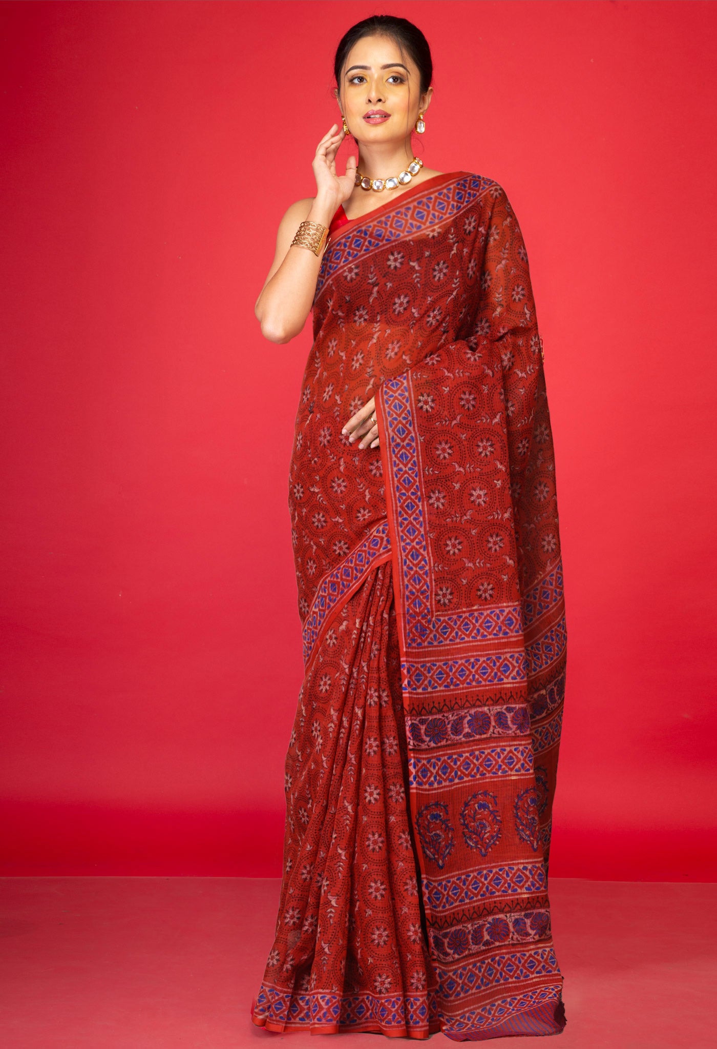 Red Pure Hand Block Printed Kota Saree-UNM80325