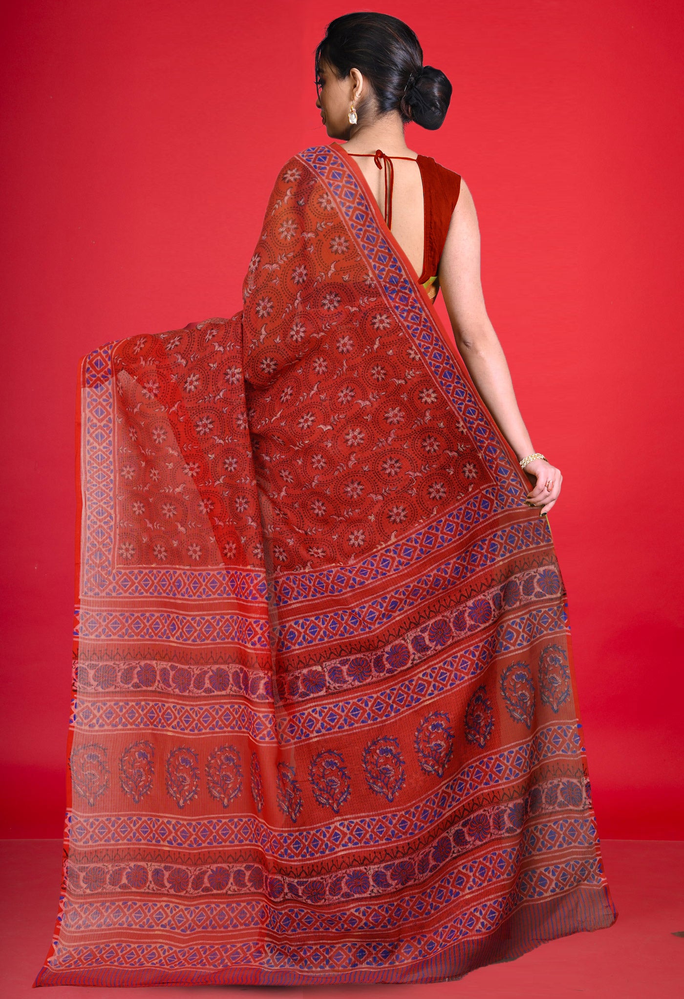 Red Pure Hand Block Printed Kota Saree-UNM80325