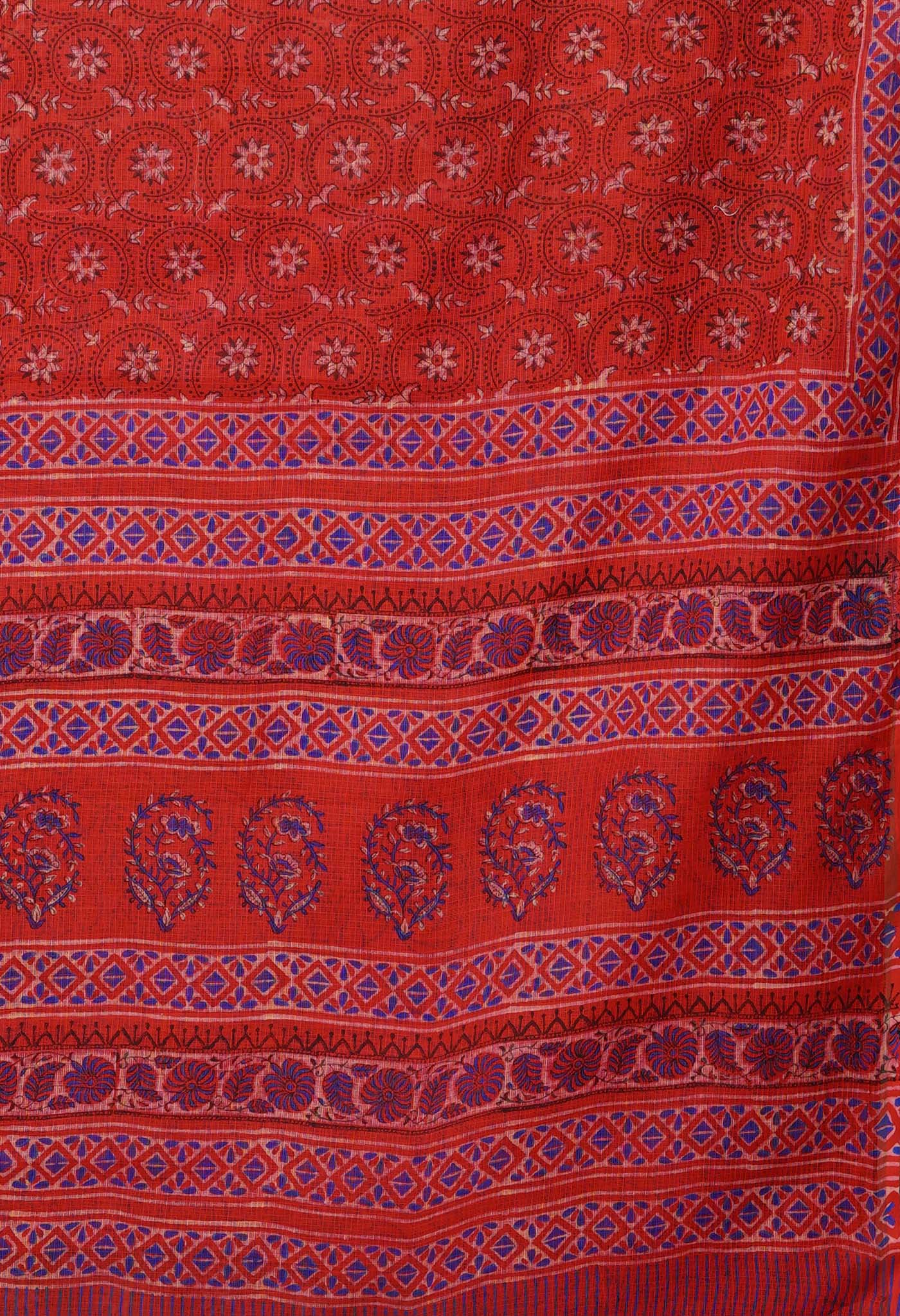 Red Pure Hand Block Printed Kota Saree-UNM80325