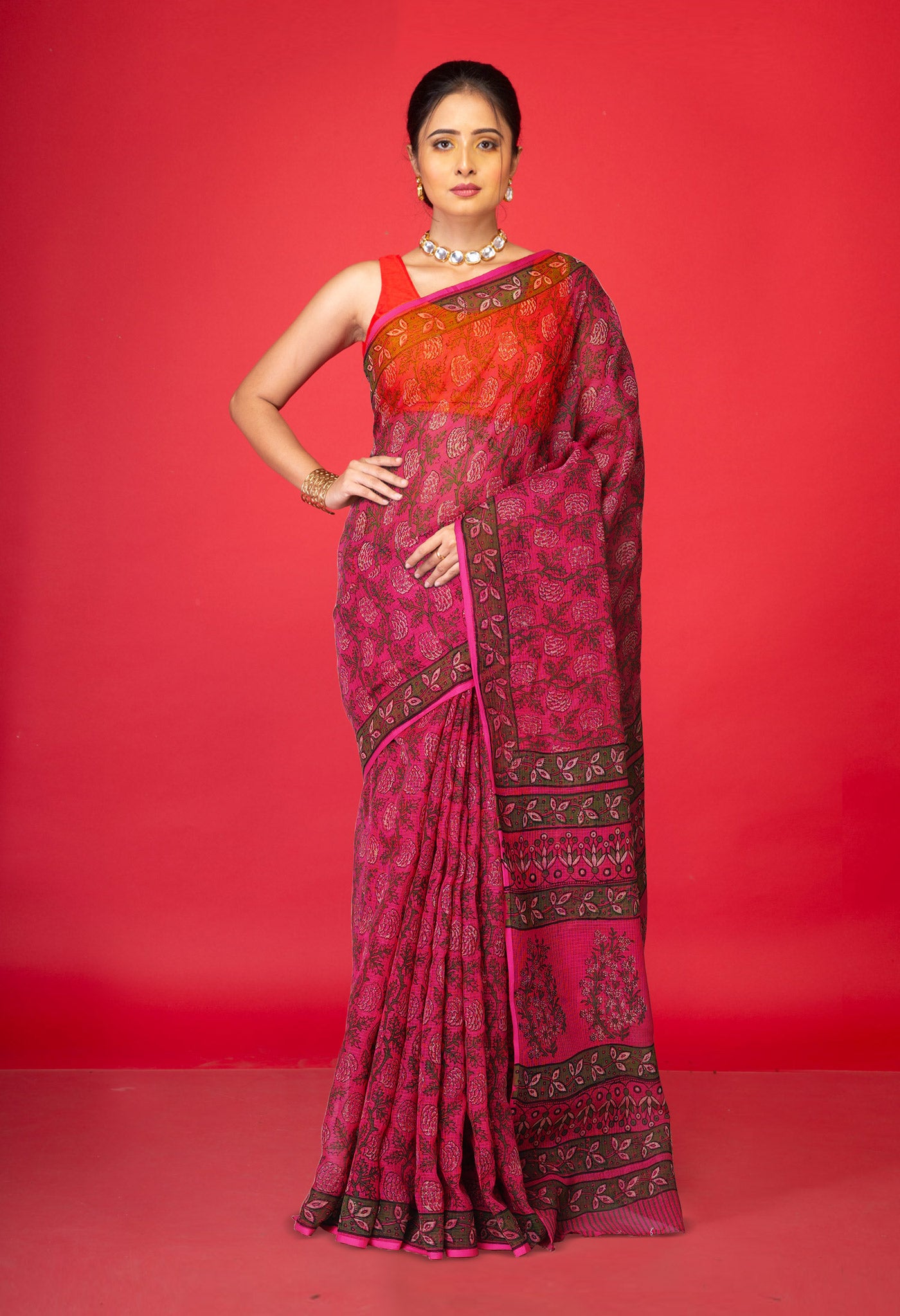 Pink Pure Hand Block Printed Kota Saree-UNM80326