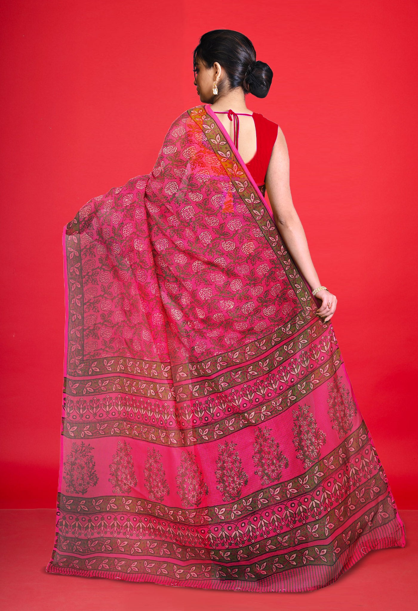 Pink Pure Hand Block Printed Kota Saree-UNM80326