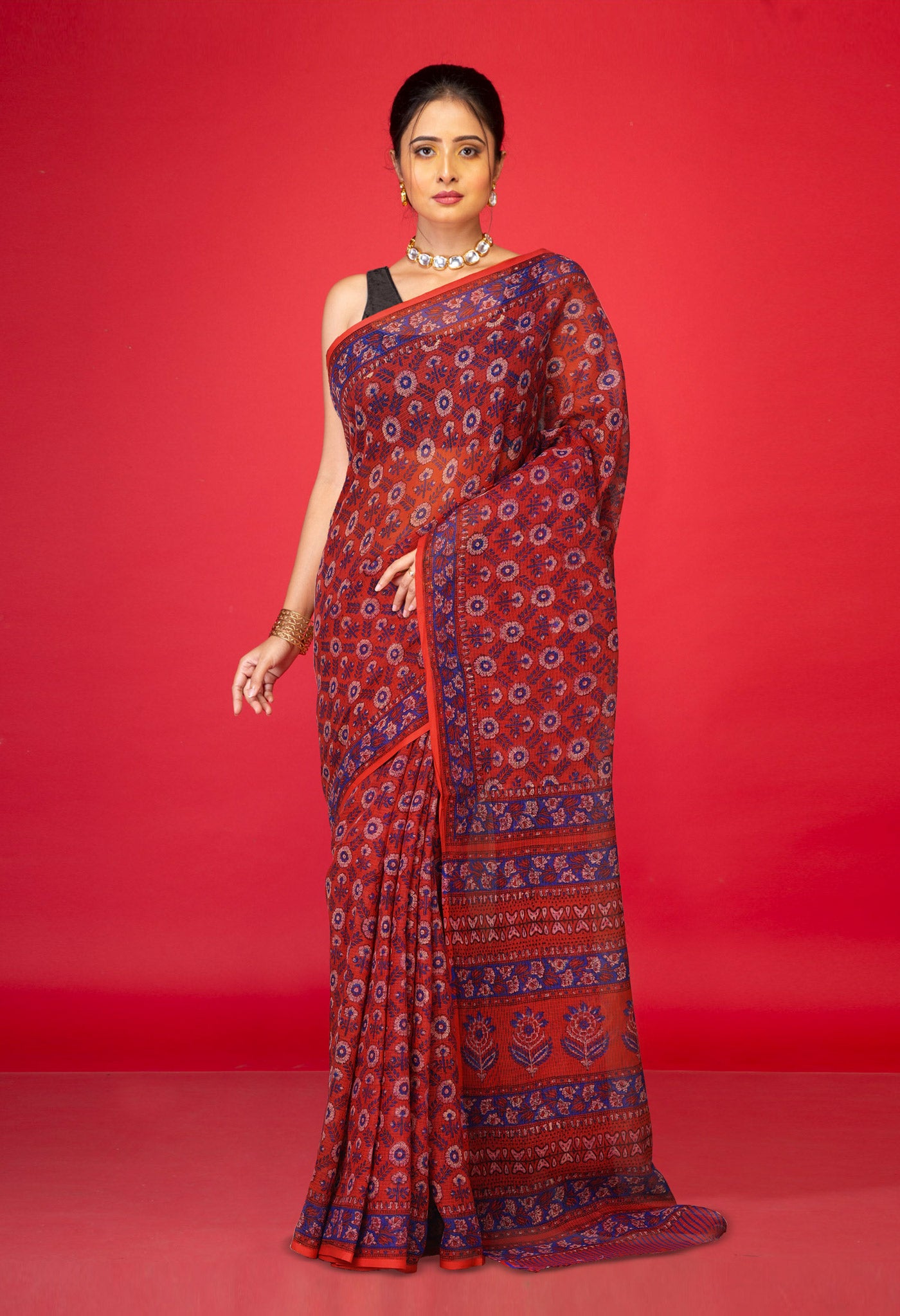 Red Pure Hand Block Printed Kota Saree-UNM80327