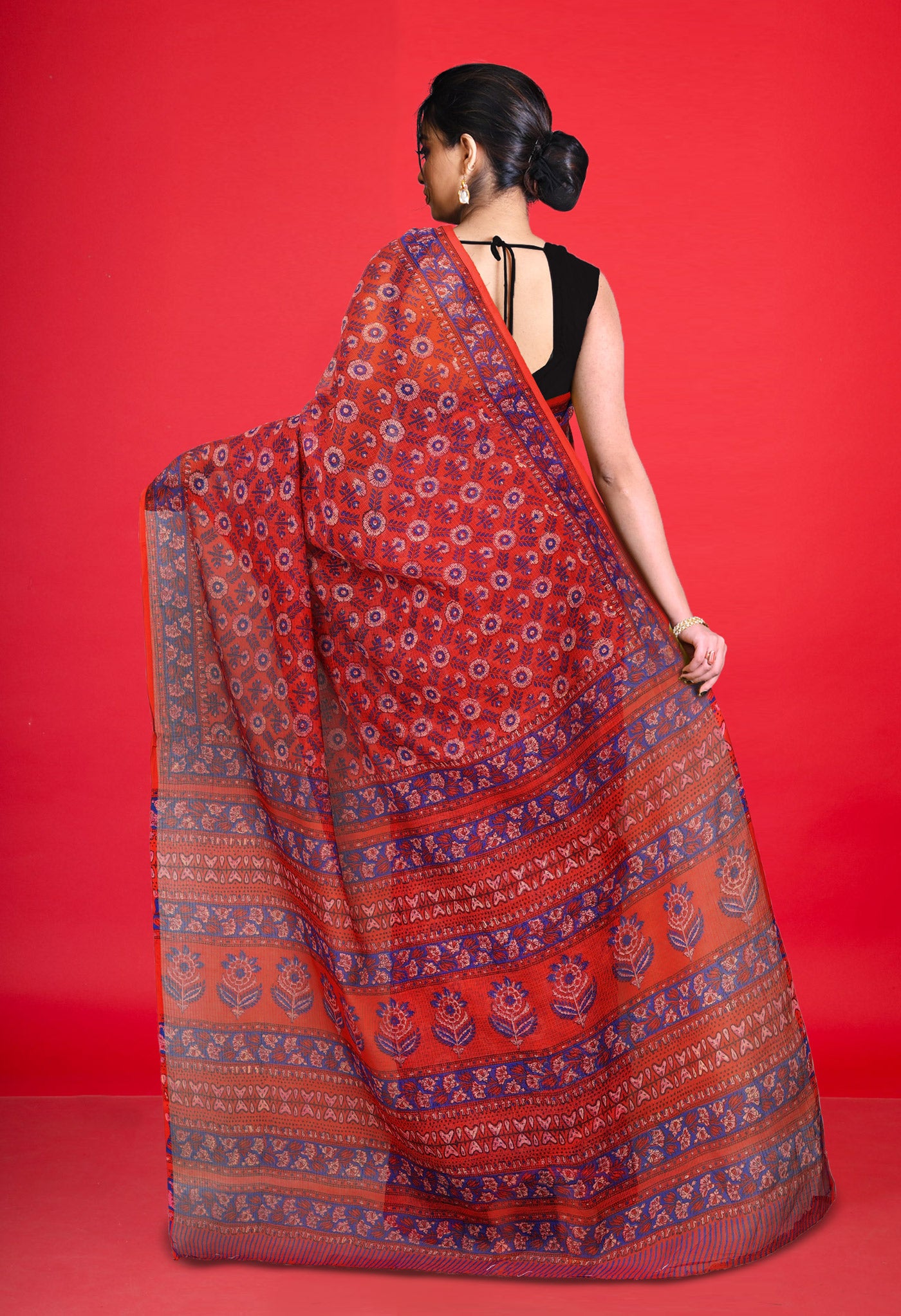 Red Pure Hand Block Printed Kota Saree-UNM80327