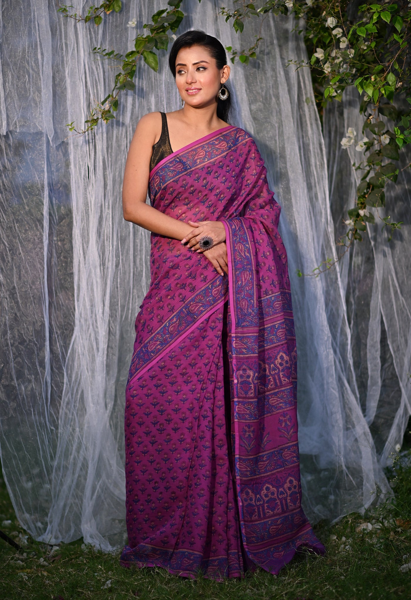 Purple Pure Hand Block Printed Kota Saree-UNM80328