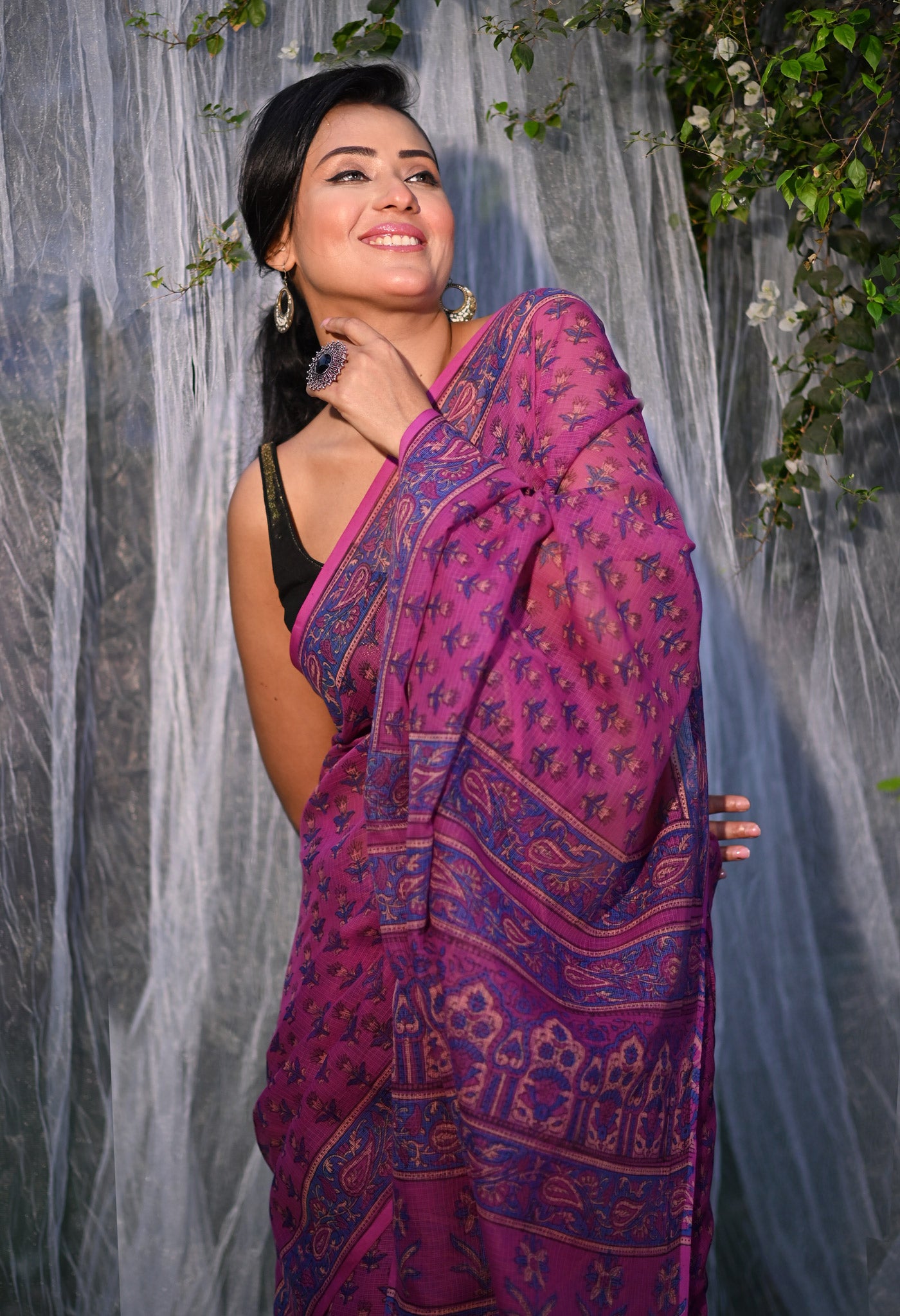 Purple Pure Hand Block Printed Kota Saree-UNM80328