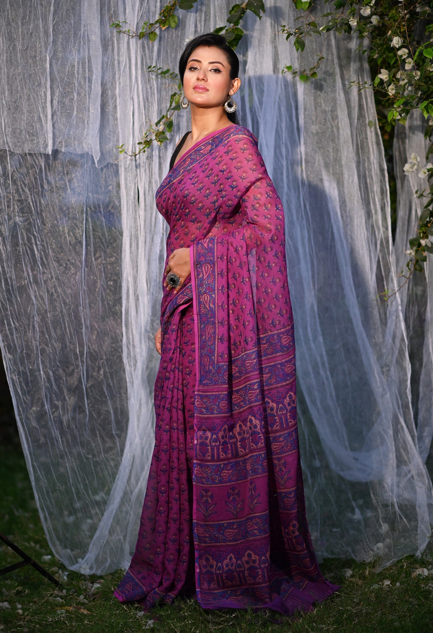 Purple Pure Hand Block Printed Kota Saree-UNM80328