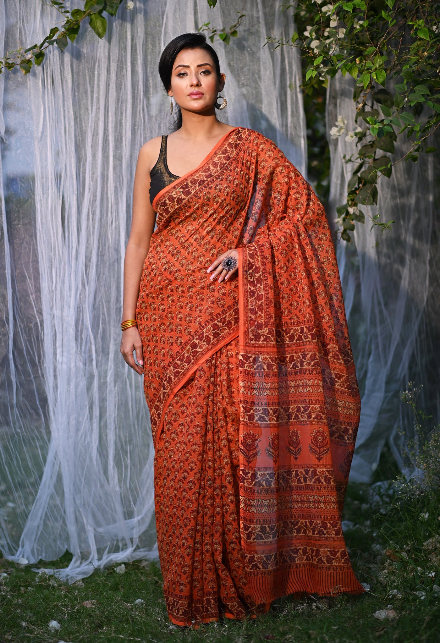 Orange Pure Hand Block Printed Kota Saree-UNM80333