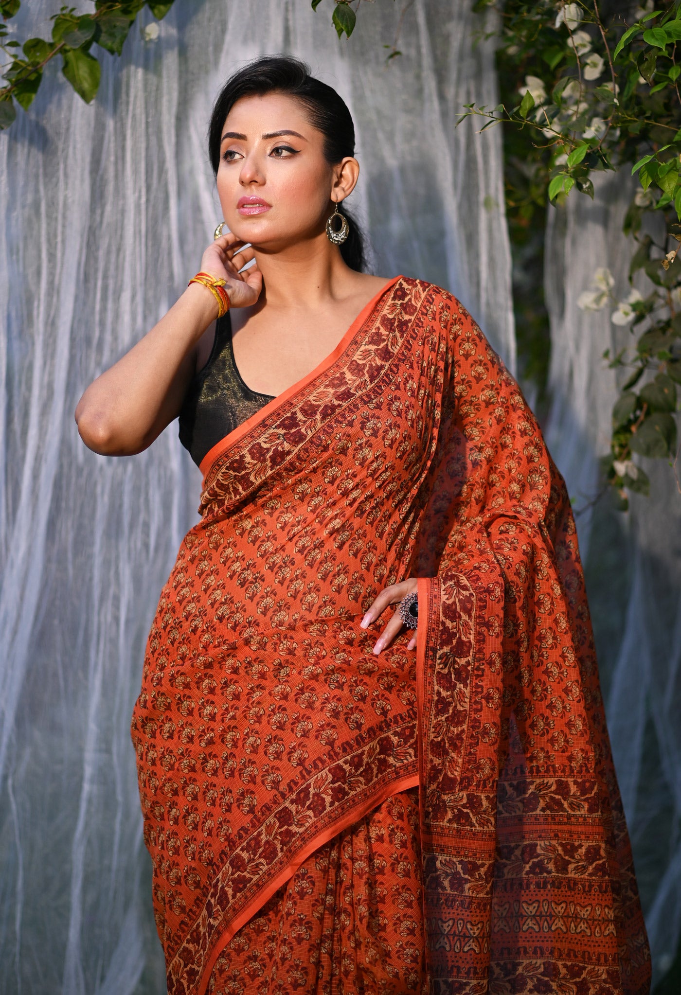 Orange Pure Hand Block Printed Kota Saree-UNM80333