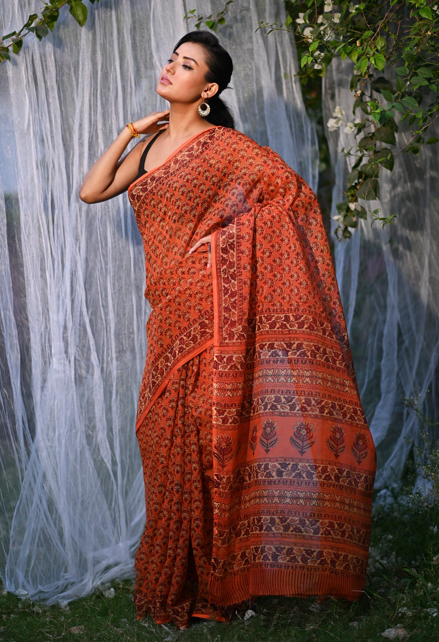 Orange Pure Hand Block Printed Kota Saree-UNM80333