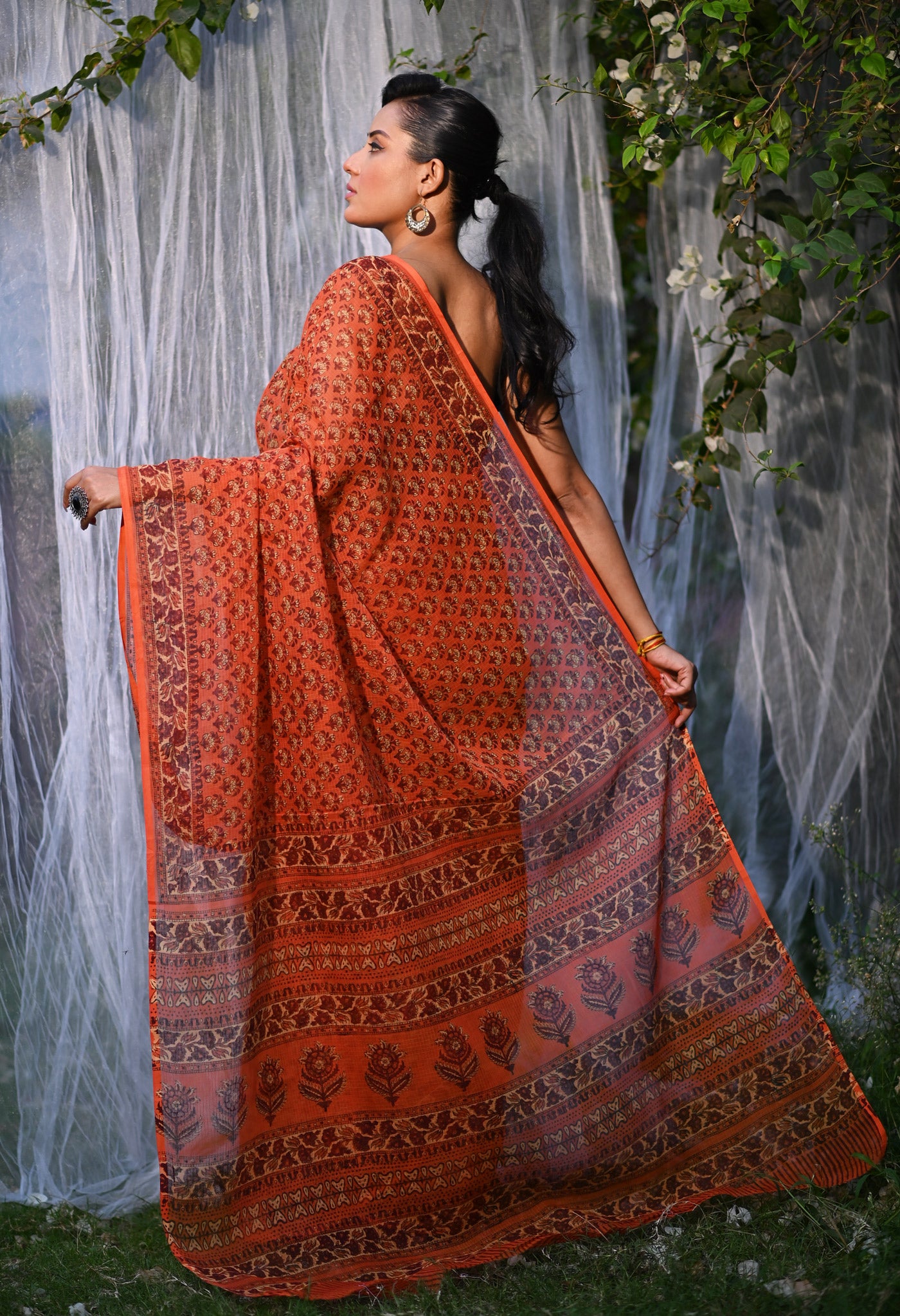 Orange Pure Hand Block Printed Kota Saree-UNM80333