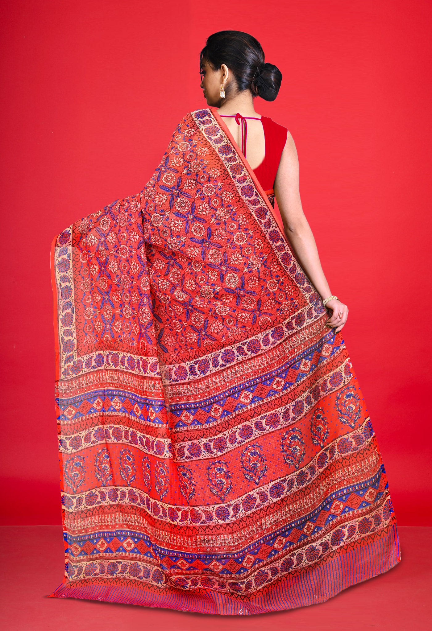 Peach Red Pure Hand Block Printed Kota Saree-UNM80341