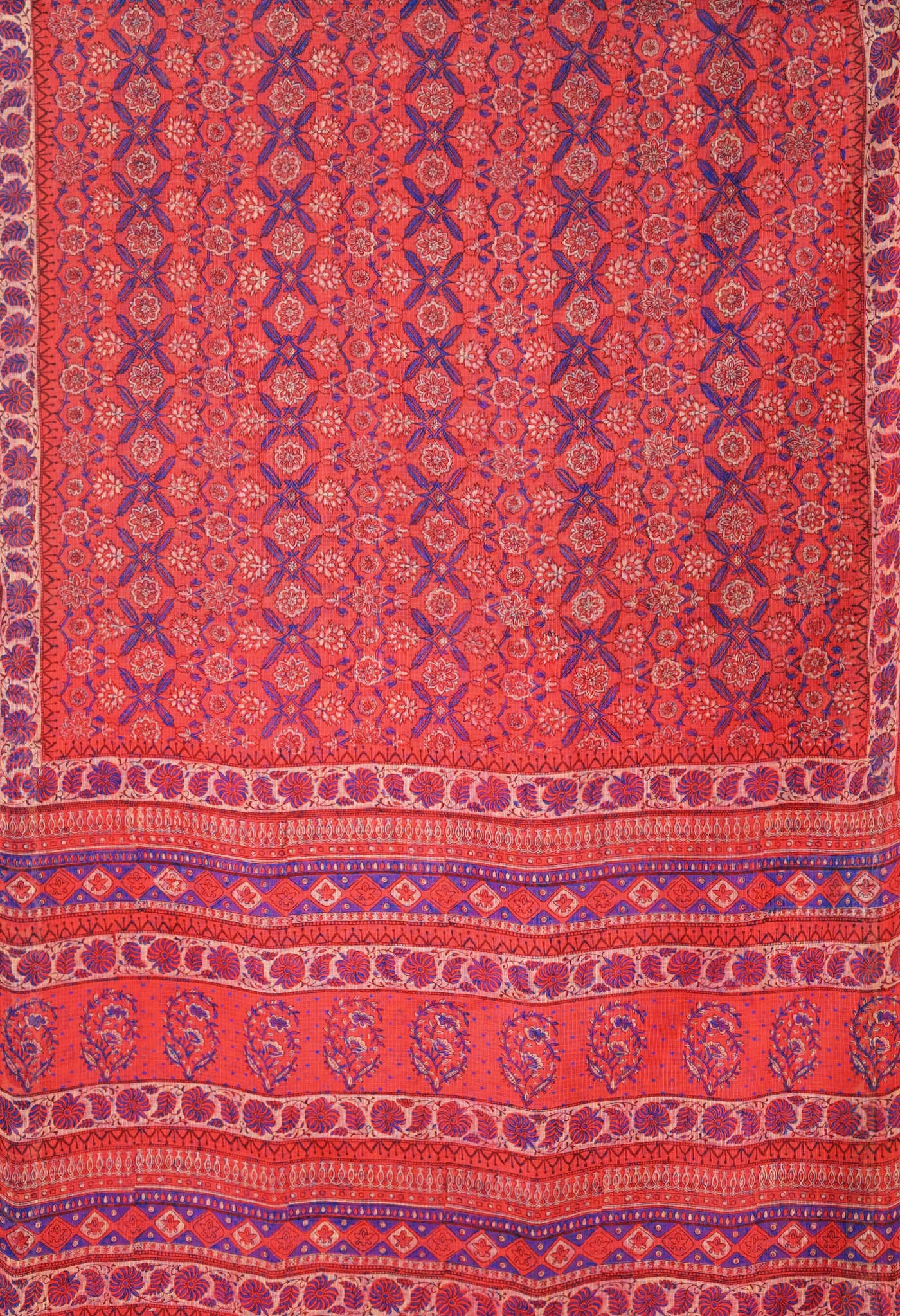 Peach Red Pure Hand Block Printed Kota Saree-UNM80341