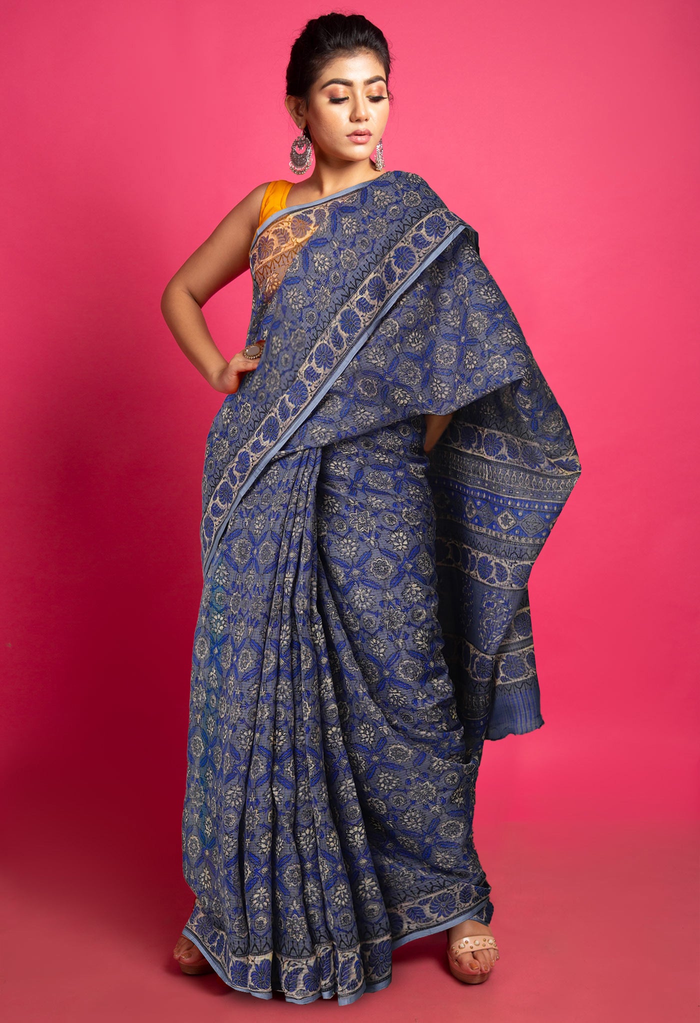 Grey Pure Hand Block Printed Kota Saree-UNM80342