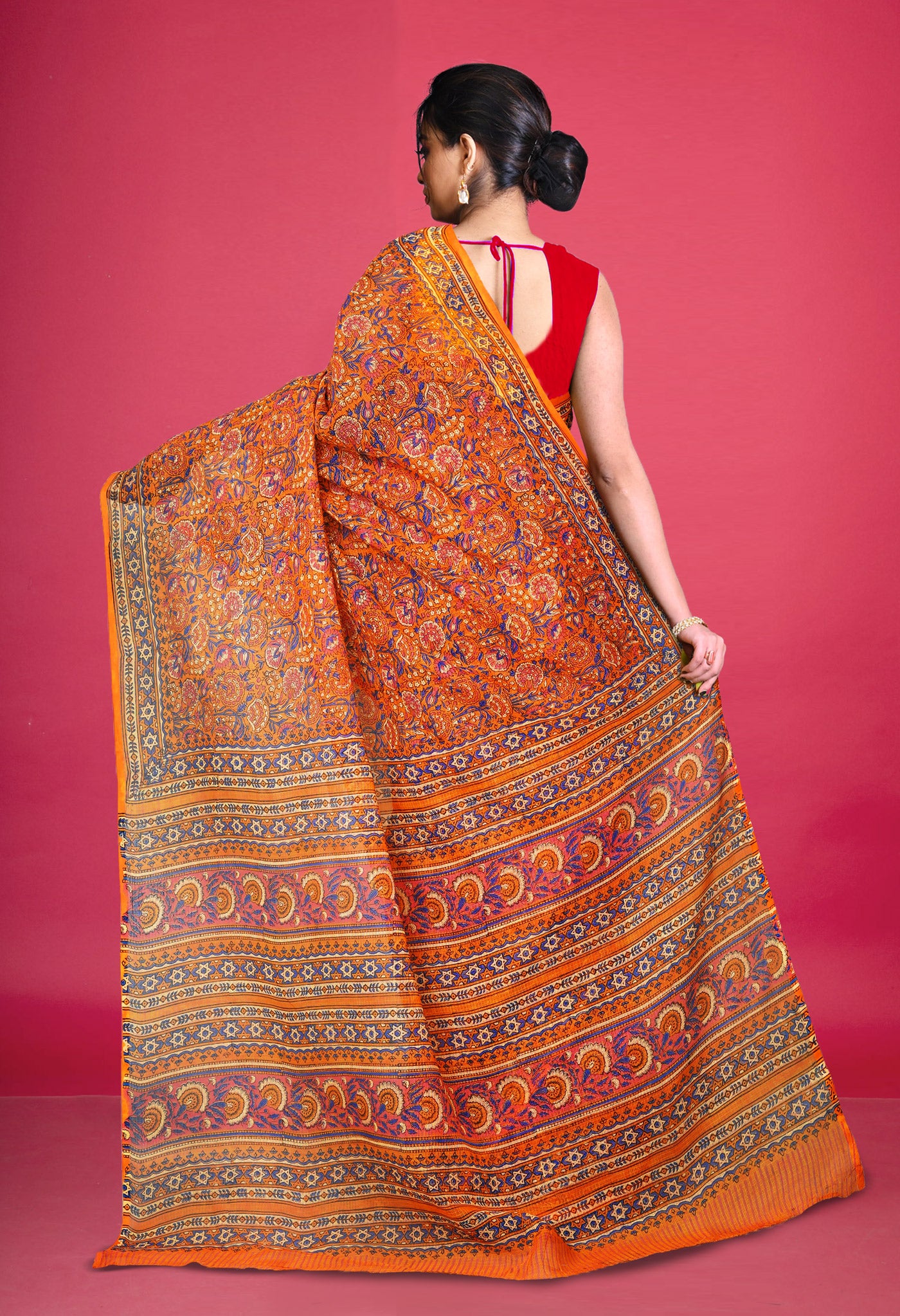 Orange Pure Hand Block Printed Kota Saree-UNM80344