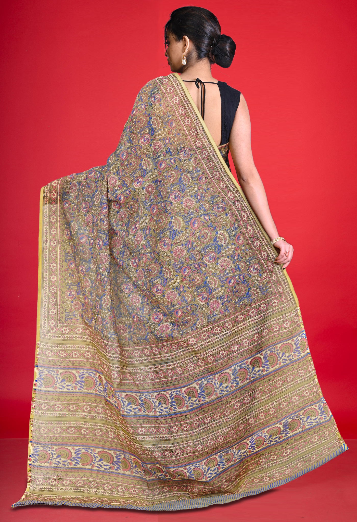 Olive Green Pure Hand Block Printed Kota Saree-UNM80345