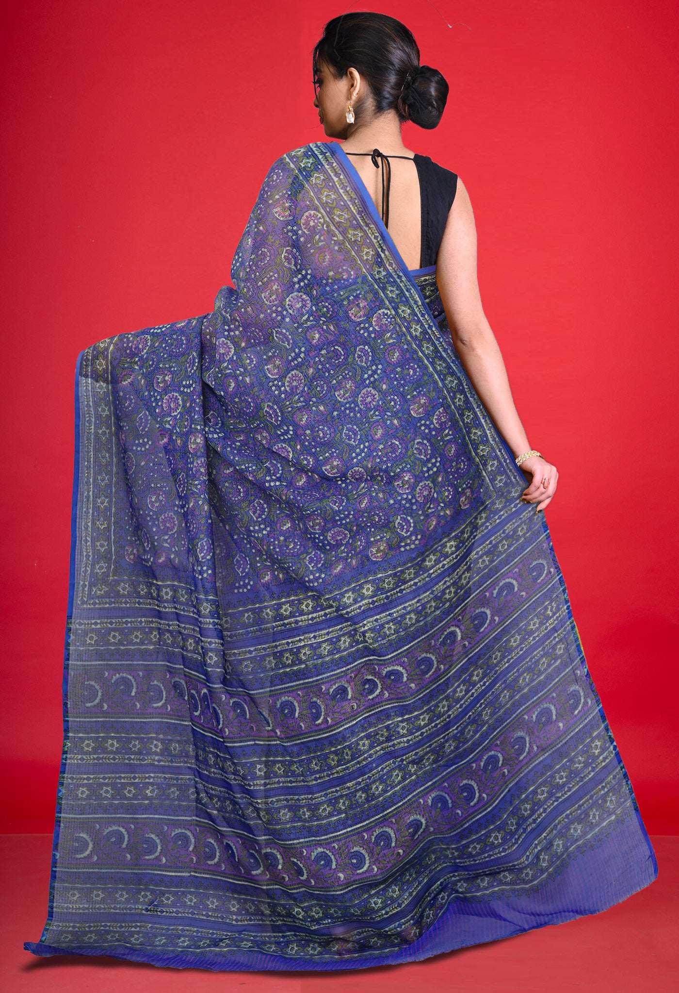 Blue Pure Hand Block Printed Kota Saree-UNM80349